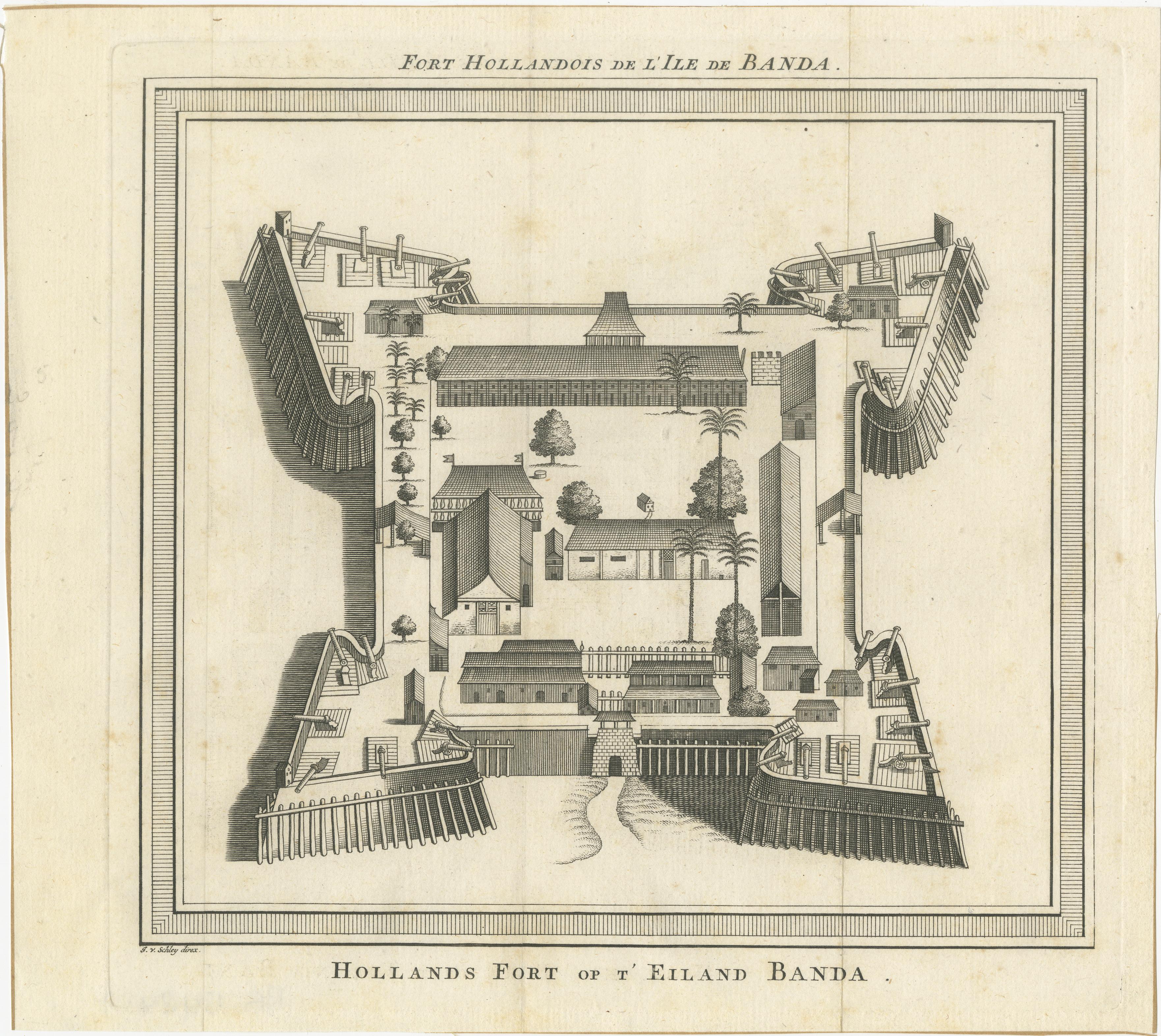 Fuerte Nassau de la VOC en Banda de las Islas de las Especias, grabado a vista de pájaro, c.1740 en venta 2
