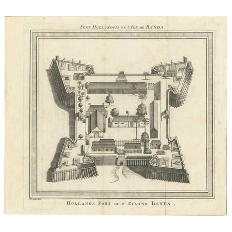 VOC Fort Nassau at Banda of The Spice Islands, Bird’s-eye View Engraving, c.1740