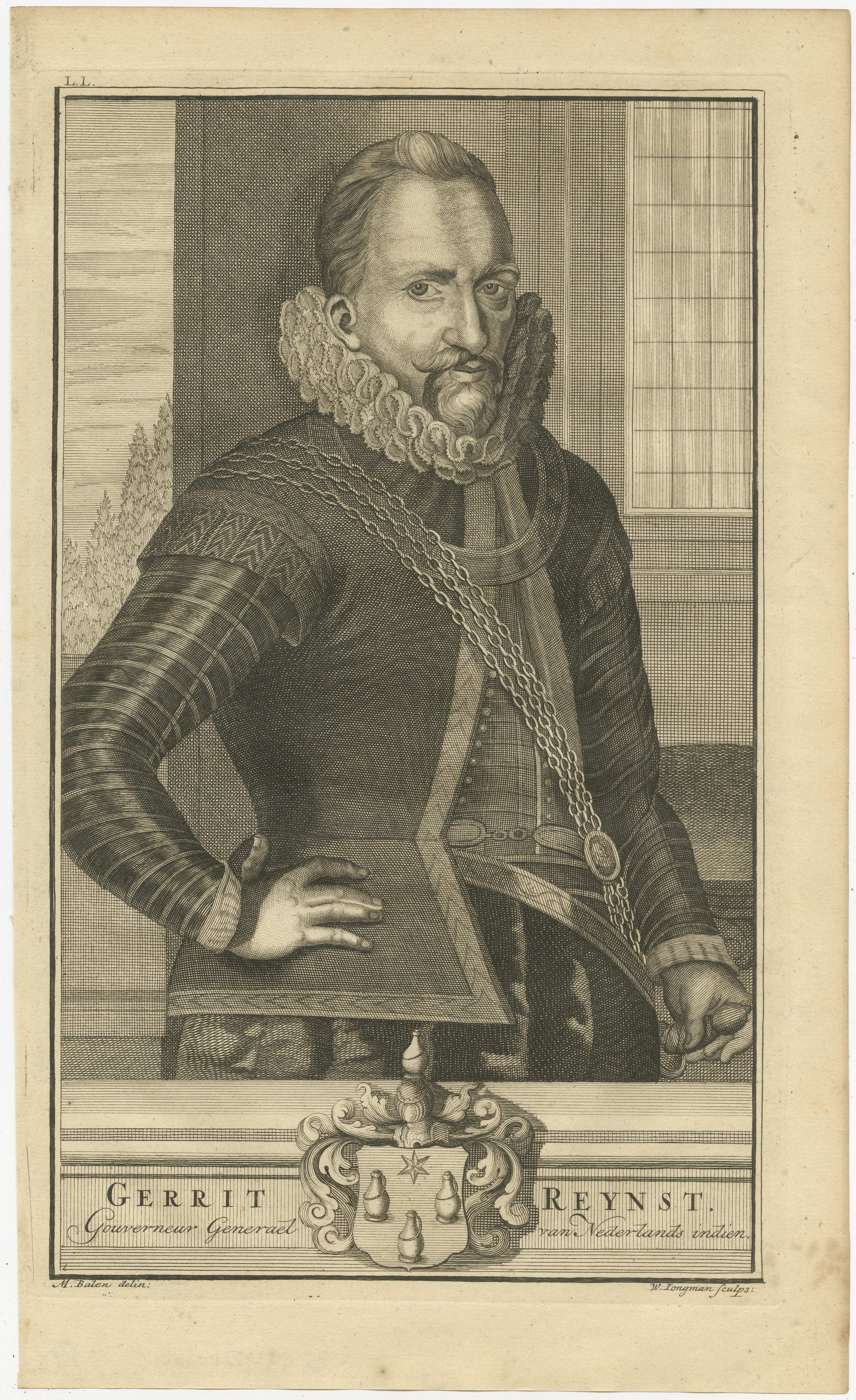 Gravure sur cuivre de Gerrit Reynst, gouverneur général des Indes néerlandaises. La gravure date de 1724 et a été publiée par Valentijn. Elle présente un portrait très détaillé de Reynst, caractérisé par un travail au trait complexe, typique des