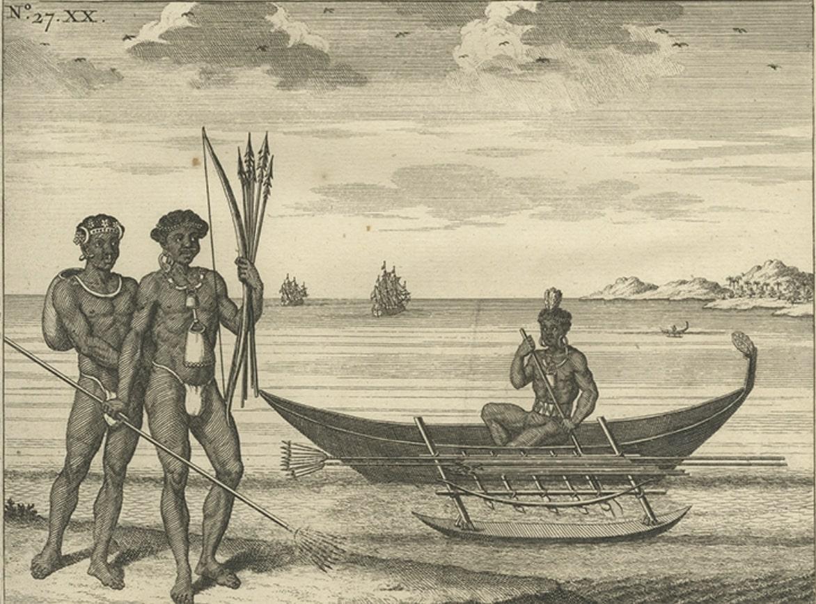 VOC Ships, Native People & Coastal Views of Islands near Papua New Guinea, 1726 In Good Condition For Sale In Langweer, NL