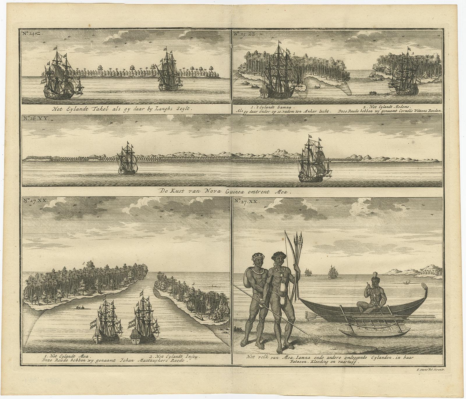 Early 18th Century VOC Ships, Native People & Coastal Views of Islands near Papua New Guinea, 1726 For Sale