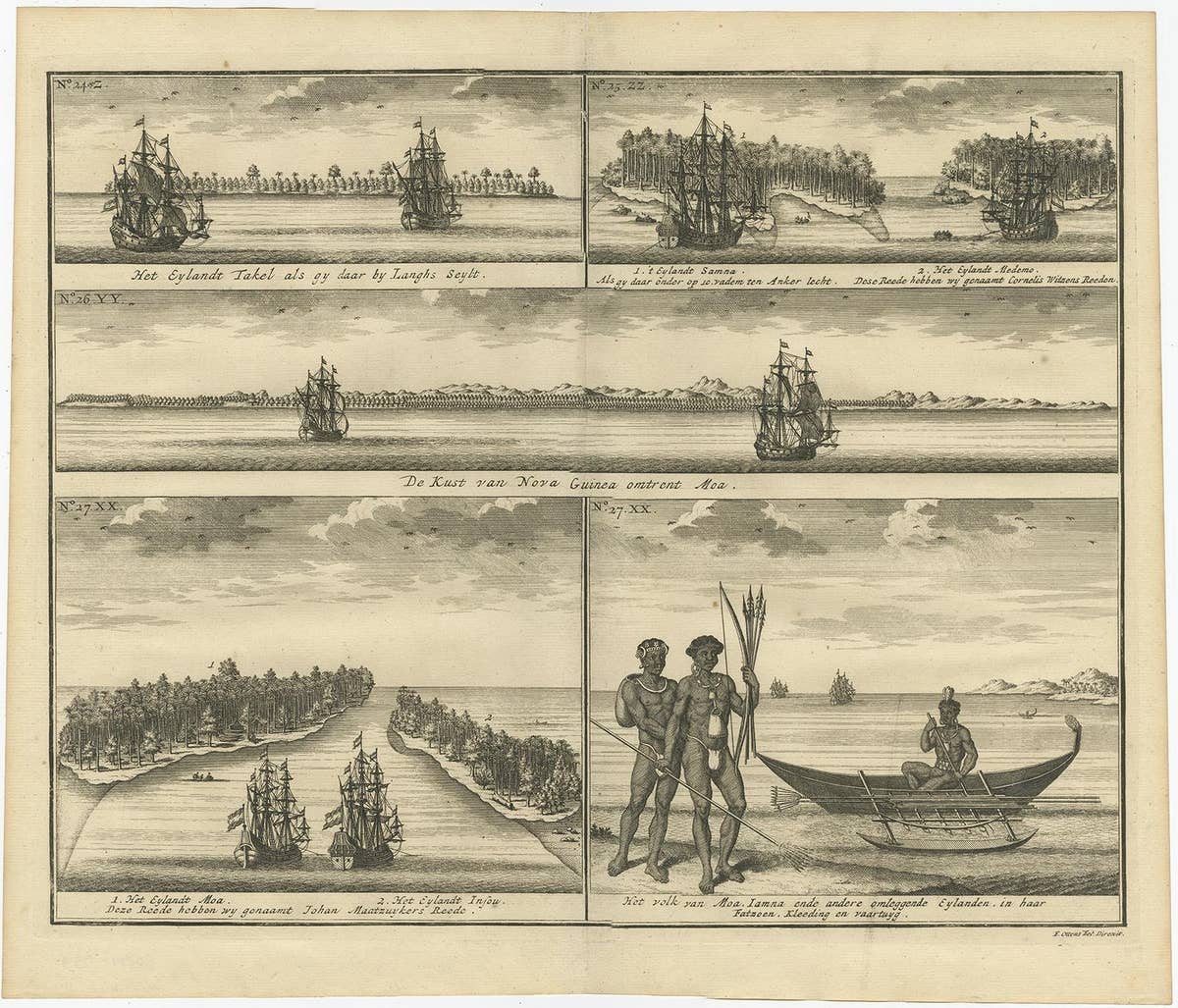 VOC Ships, Native People & Coastal Views of Islands near Papua New Guinea, 1726