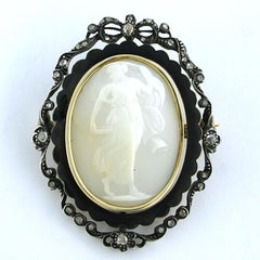Voctorian brooch with enamel, cameo and rose cut diamonds 14k gold and silver