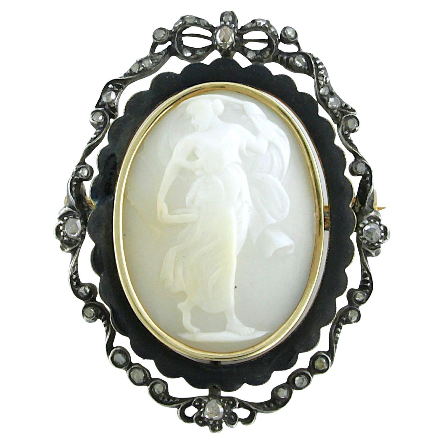 Voktorianische Brosche mit Emaille, Kamee und Diamanten im Rosenschliff 14k Gold und Silber