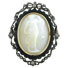 Antique Voctorian brooch with enamel, cameo and rose cut diamonds 14k gold and silver