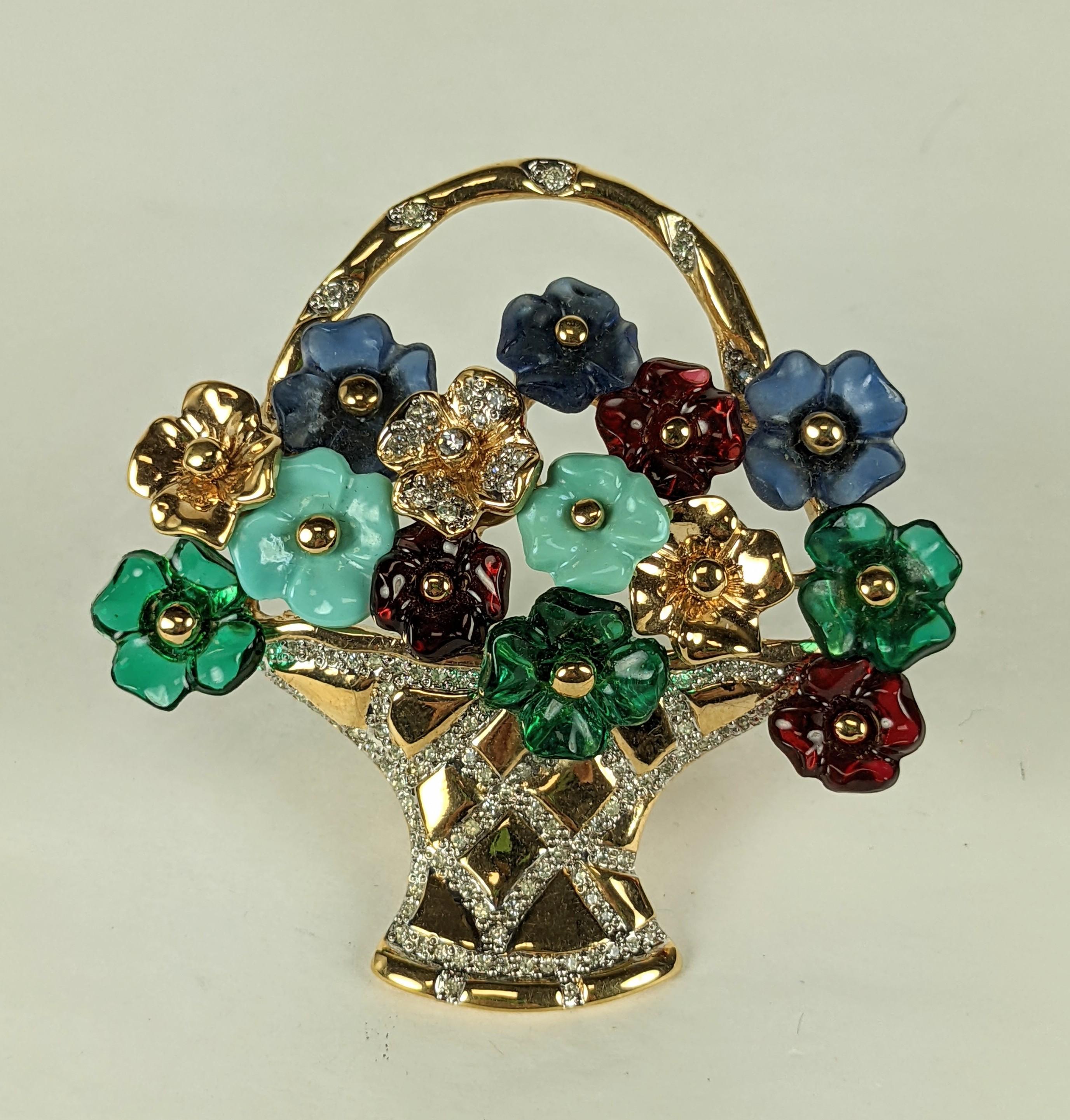Large Vogue Bijoux Giardinetto Brooch from the 1980's composed of glass flowers in a gilt metal and pave accented basket. Flower basket design, striking large size and quality.
1980's Italy. Signed, 3