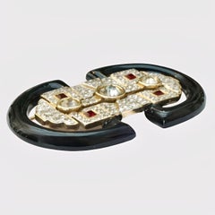 Vogue Bijoux Gold Plated Black Enamel and Rhinestone Brooch 1980s