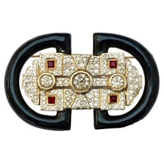Vogue Bijoux Gold Plated Black Enamel and Rhinestone Brooch 1980s