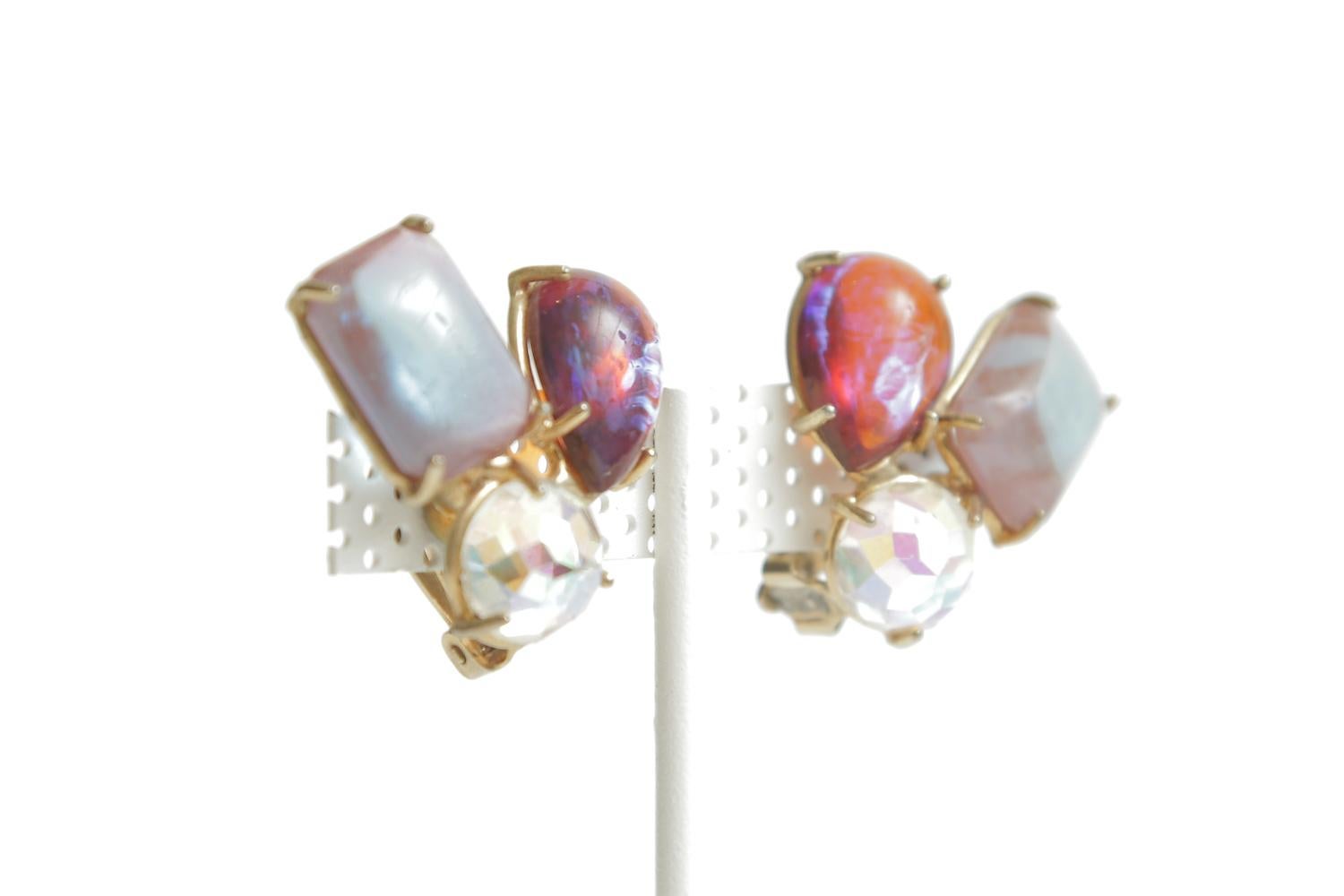  Boris Aurealis Vintage Crystal Clip On Earrings by Vogue  In Good Condition For Sale In North Miami, FL