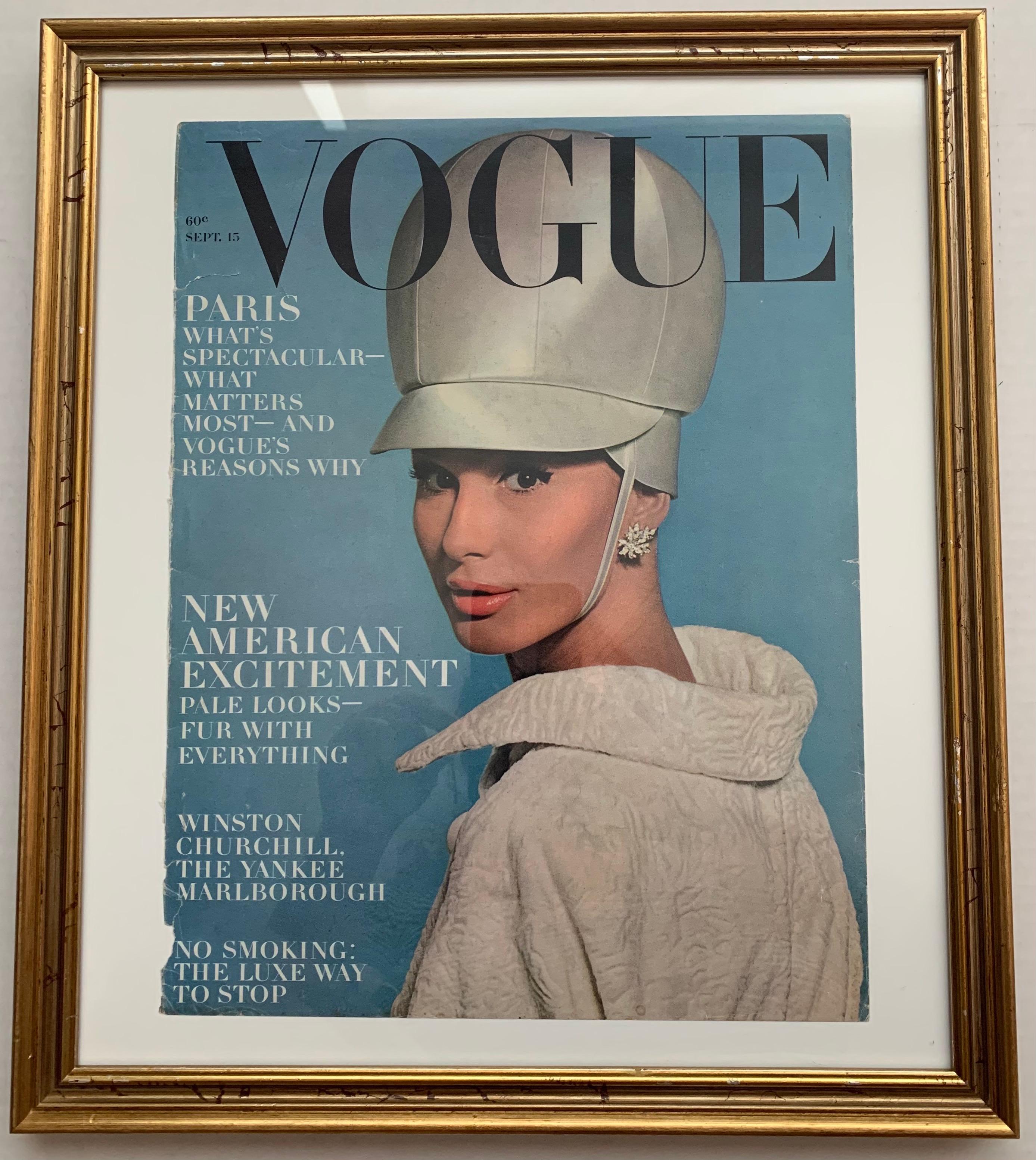 Vogue September 1963 framed original cover. Model Brigitte Bauer photographed by David Bailey. As found framed condition in gold wood frame.