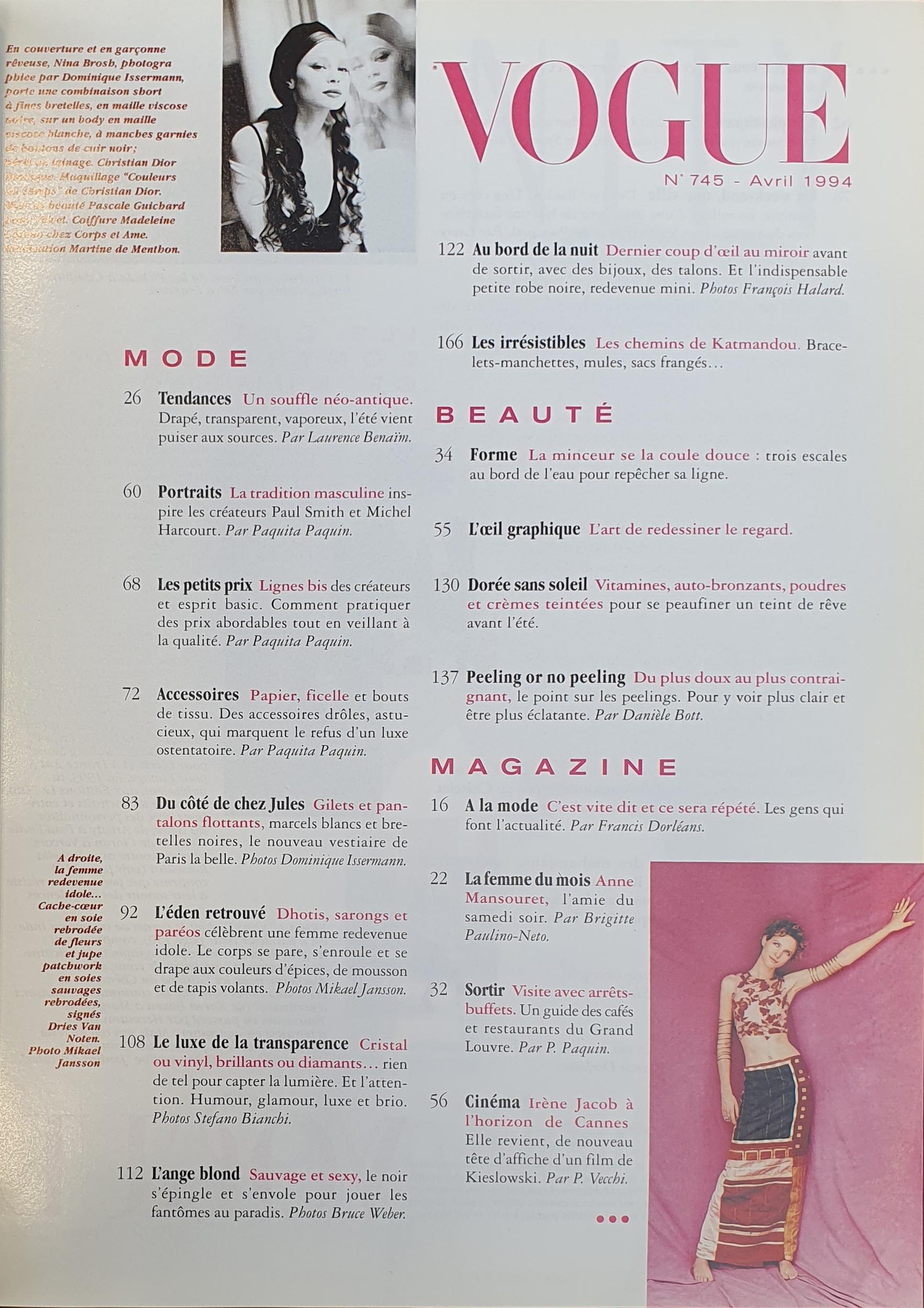 Papier Vogue Paris magazine avril 1994 en vente