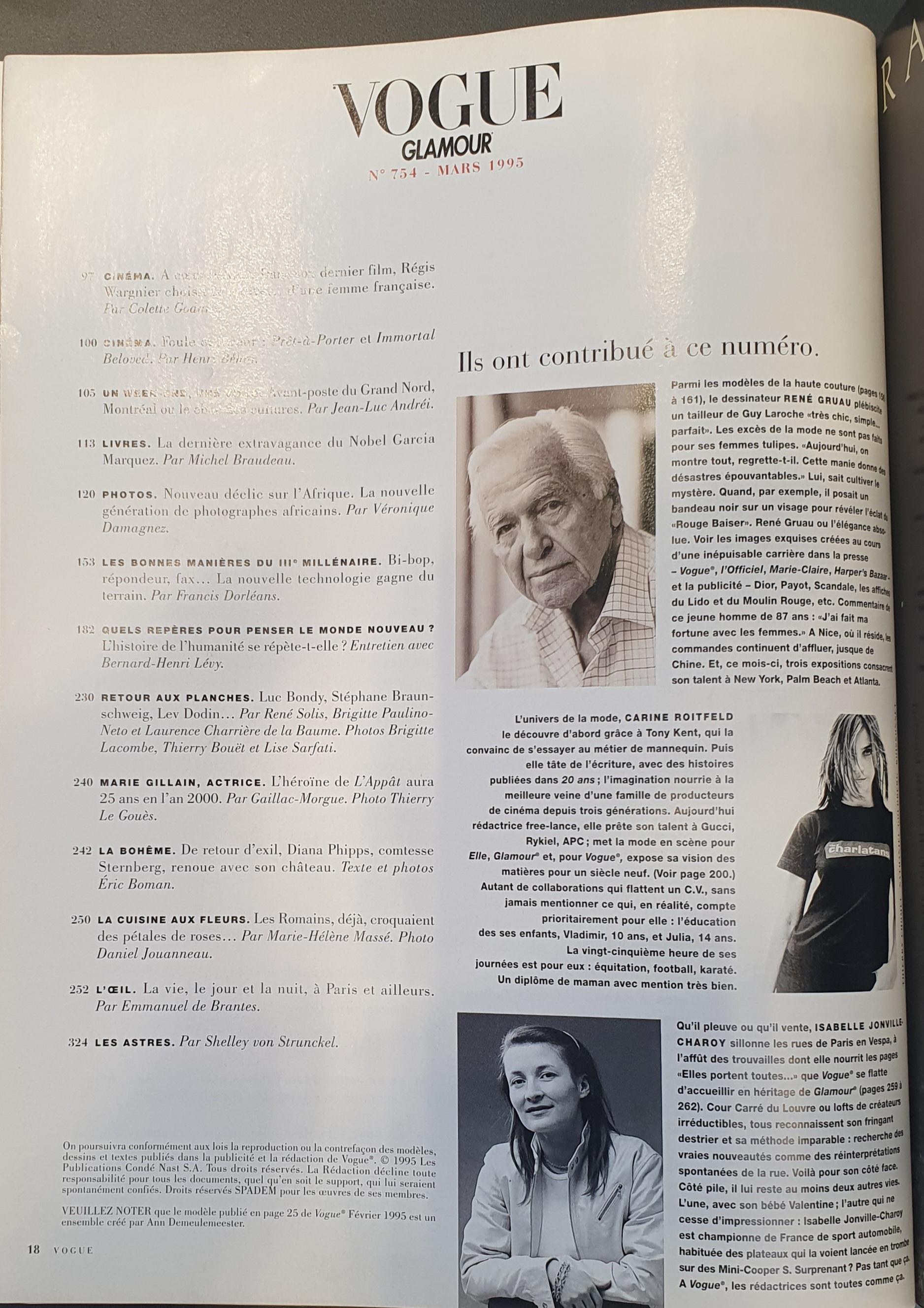Fin du 20e siècle Vogue Paris magazine mars 1995 en vente