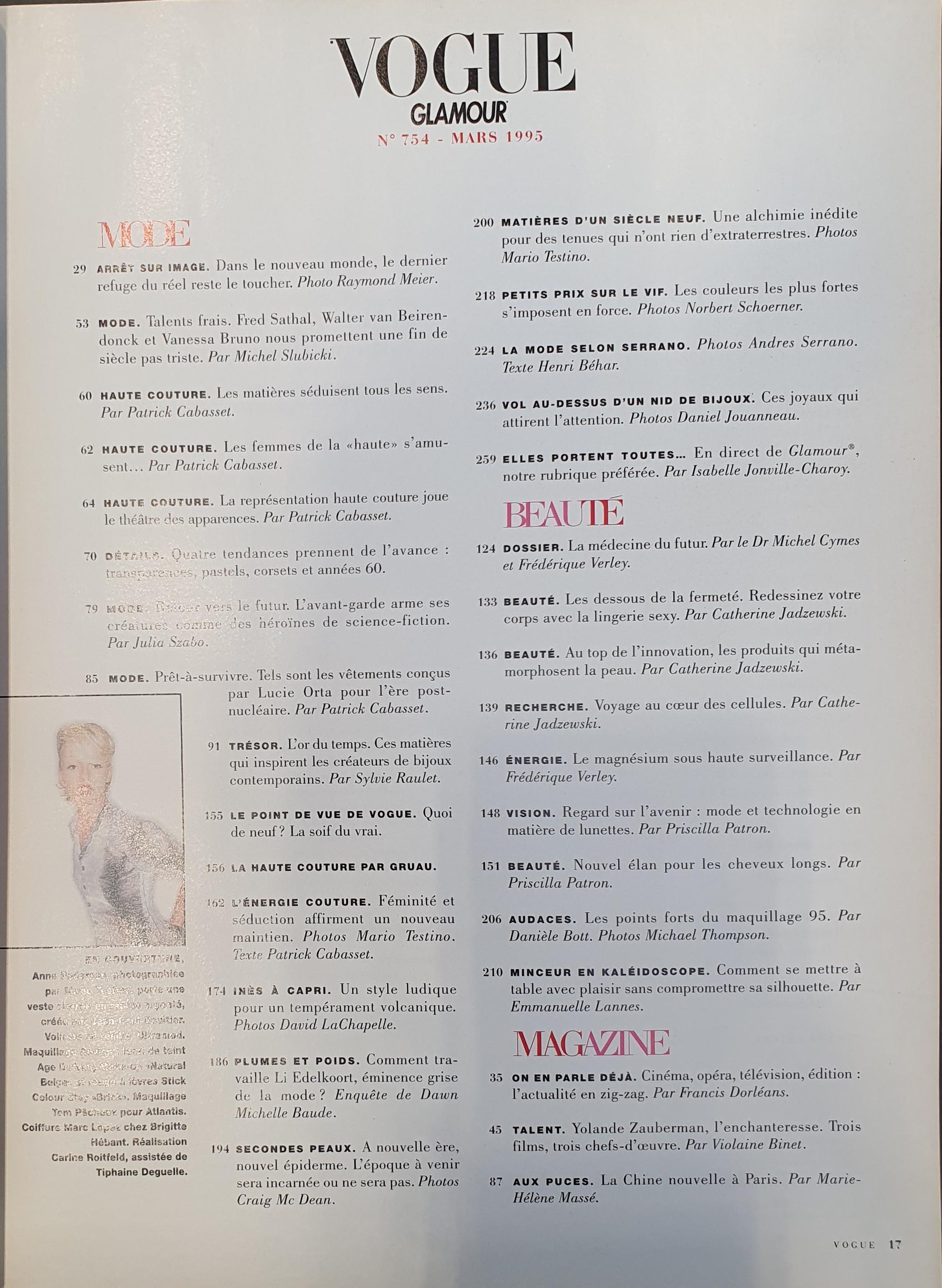 Papier Vogue Paris magazine mars 1995 en vente