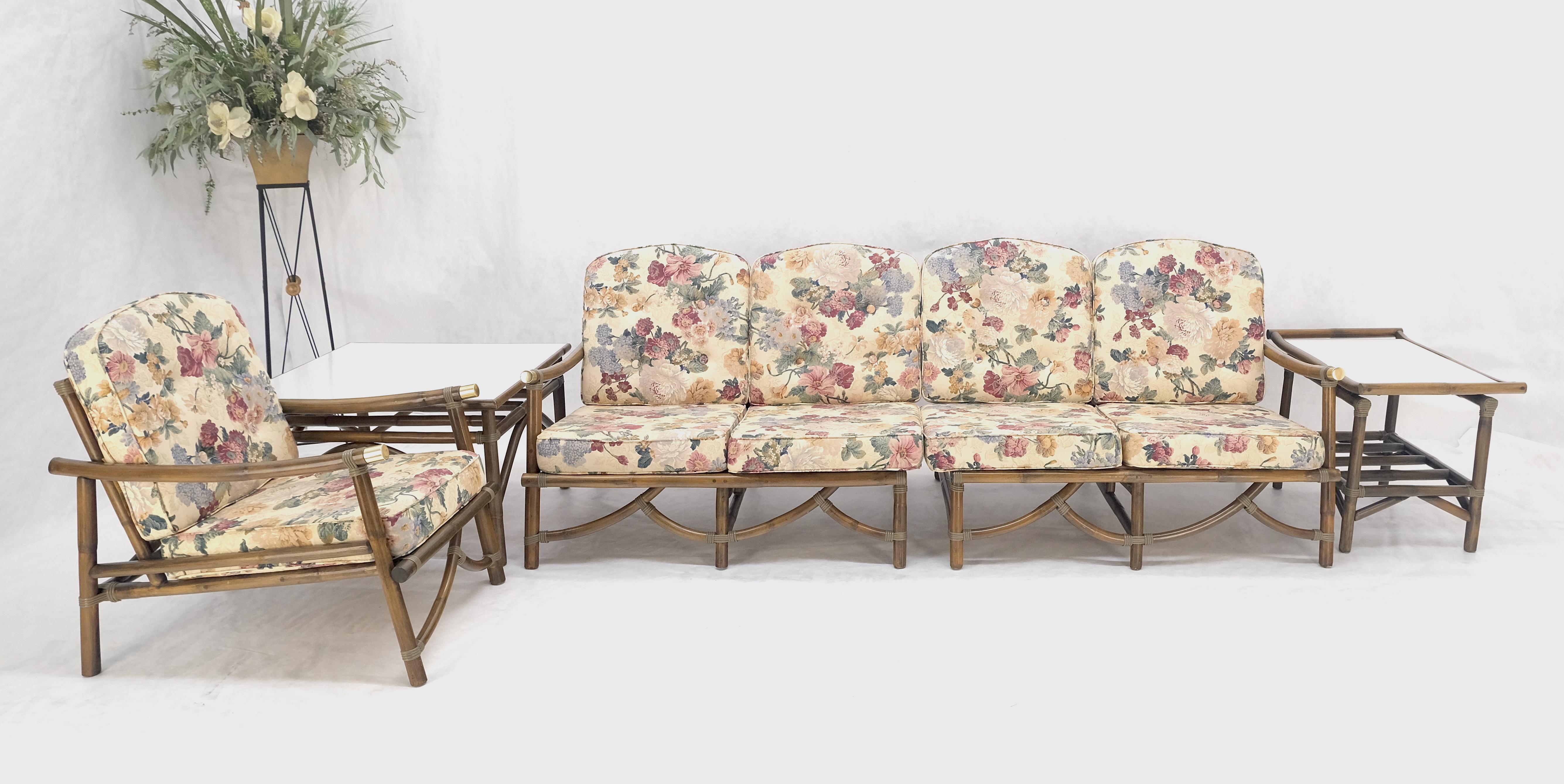 Mid-Century Modern Vogue Rattan Bamboo c1970s Sofa Matching Chair Pair of End Tables 5 Pcs Set Mint For Sale