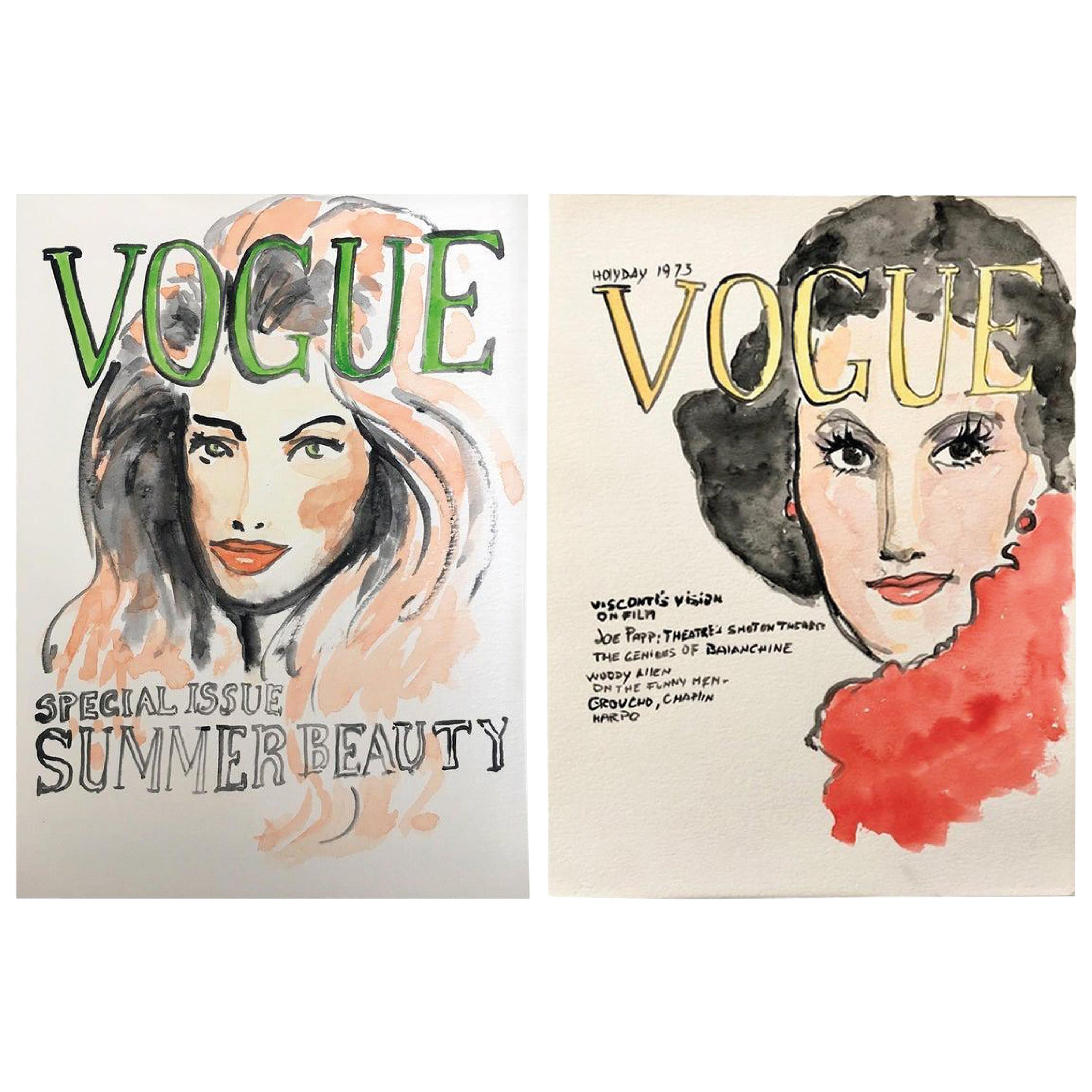 Vogue 3 & Vogue 2,  Fashion Magazine Covers. Watercolors Paintings on Paper For Sale