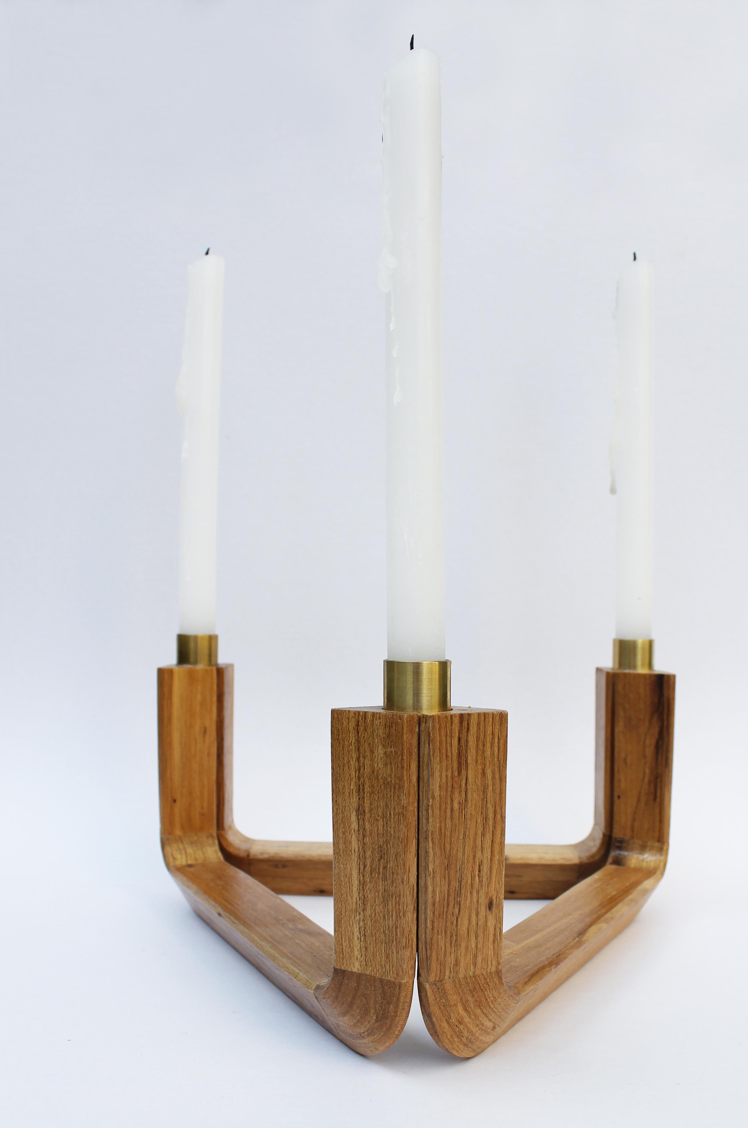 Brazilian Void candelabra - 3 candles (wood and brass candelabra) For Sale