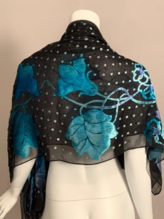 Voided Velvet Shawl Blue and Lavender Floral Design on Black Silk Chiffon