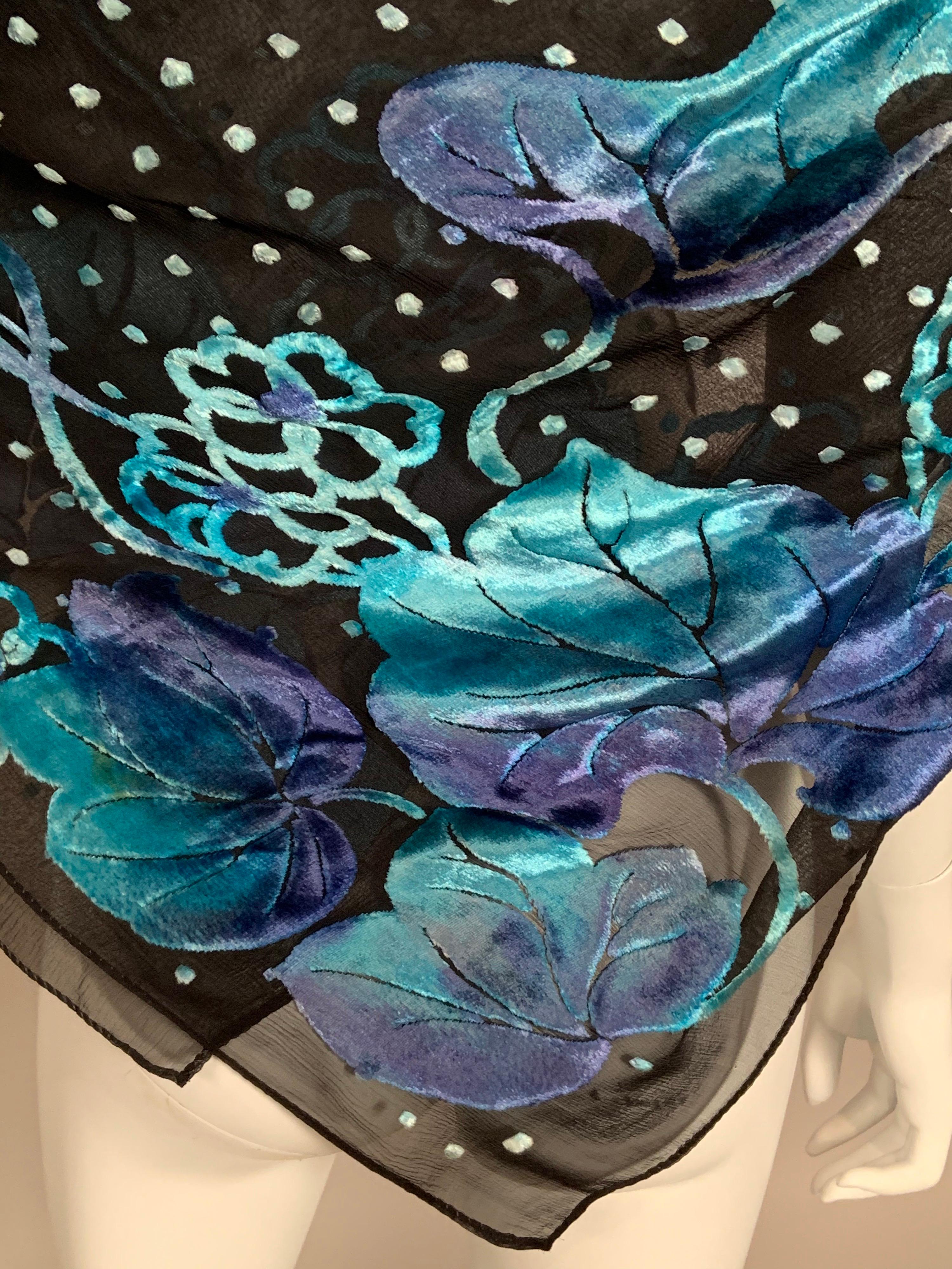 Voided Velvet Shawl Blue and Lavender Floral Design on Black Silk Chiffon In Excellent Condition For Sale In New Hope, PA