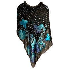 Voided Velvet Shawl Blue and Lavender Floral Design on Black Silk Chiffon