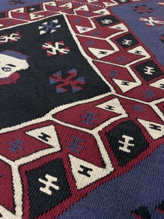 Voilet Blue & Garnet Red Vintage Turkish Kilim • Handmade Flatweave Rug (4×8)