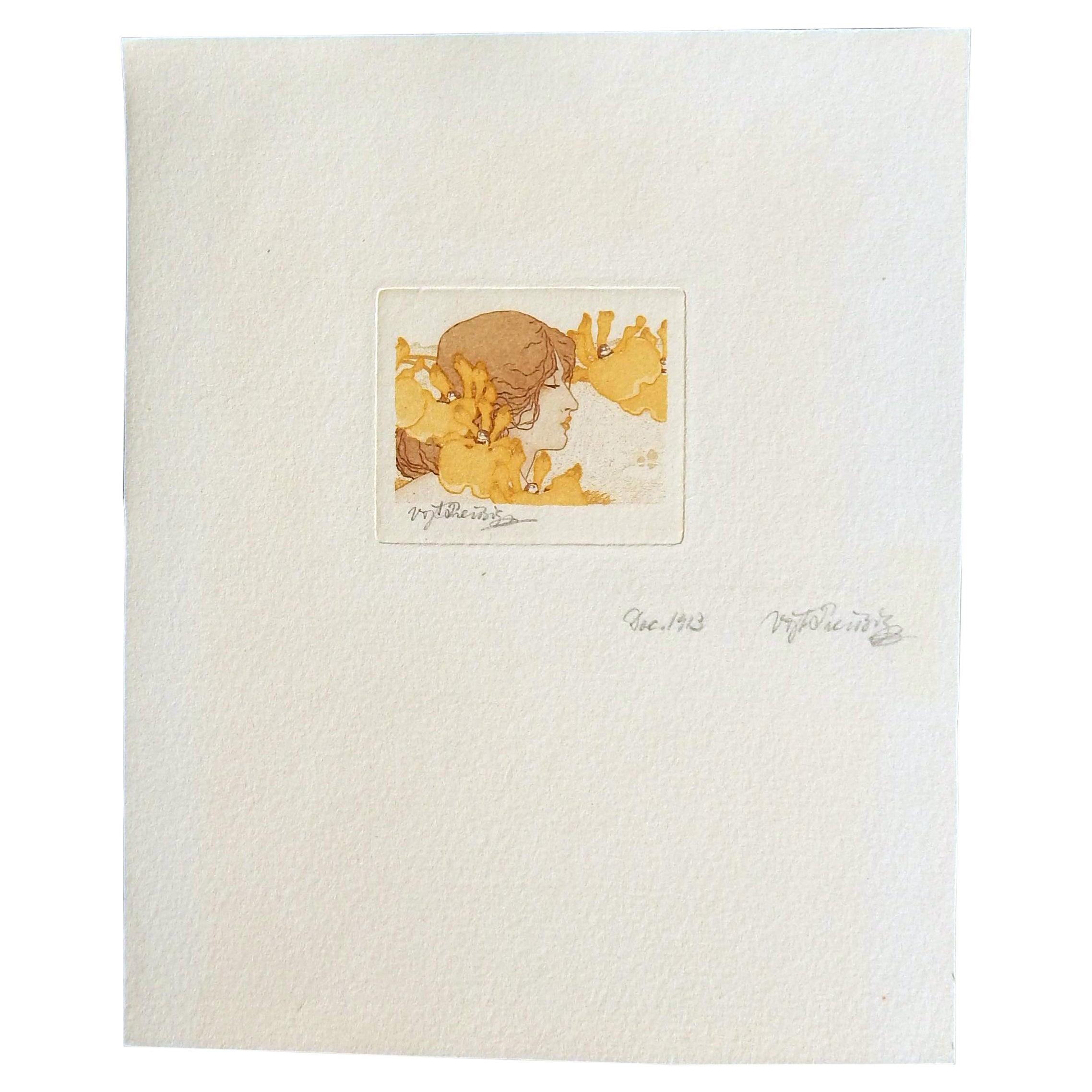 This beautiful original etching and aquatint is by the noted Czech artist Vojtech Preissig.
The work depicts one of the beautiful female portraits from his Orchid series in the 
Art Nouveau style.
The image measures 1 5/8"h x 2"wide. The paper size