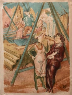 Czech Park Scene, Swing Set Weimar Era 1923 Lithograph