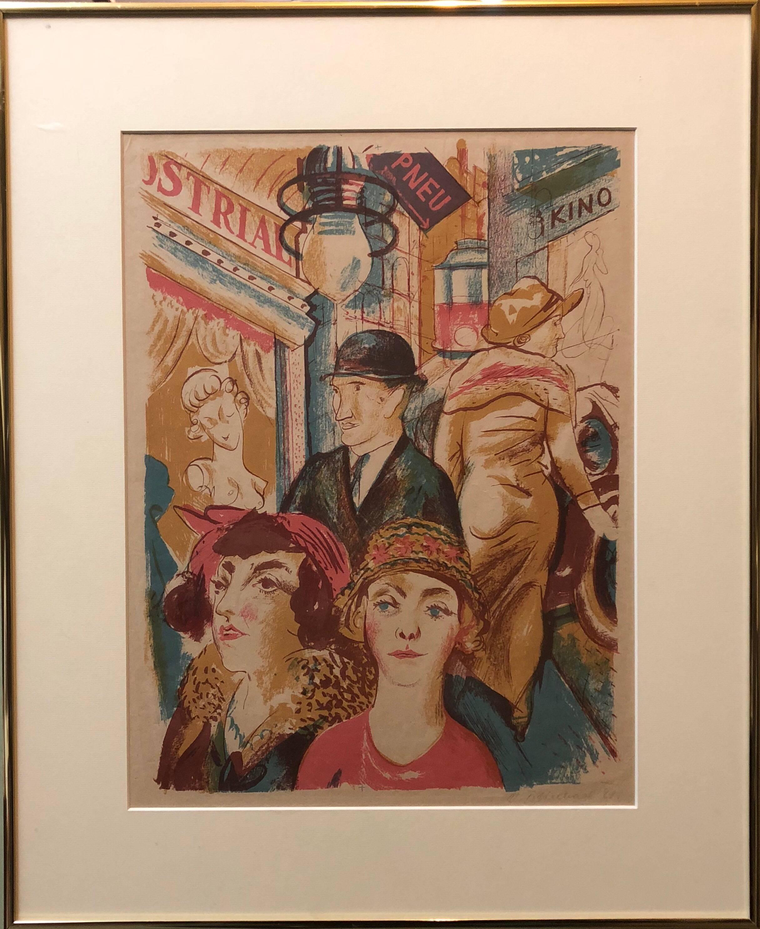 Czech Street Scene, Kino, Couples Shopping Weimar Era 1929 Lithograph - Print by Vojtech Tittelbach