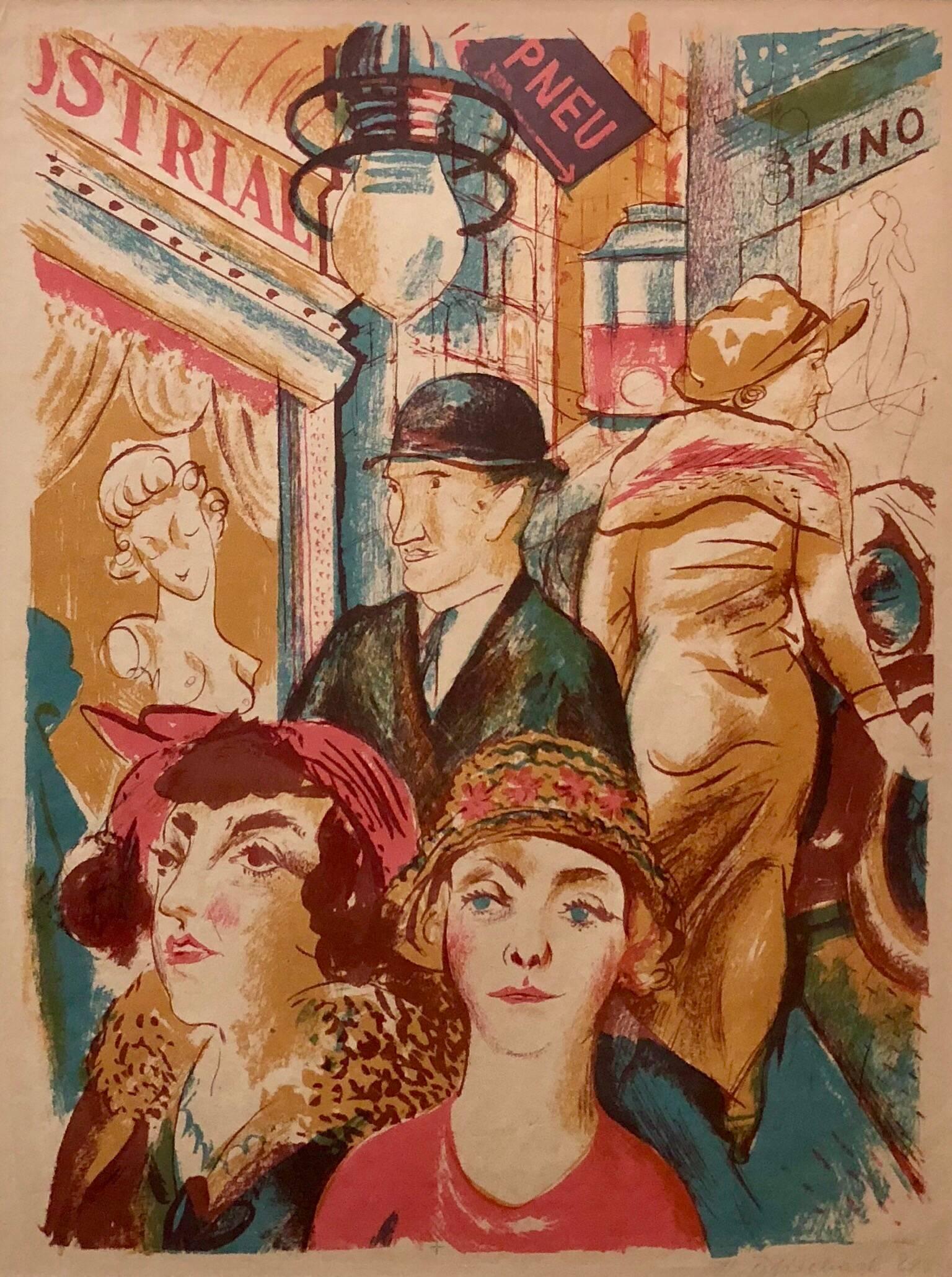 Vojtech Tittelbach Figurative Print - Czech Street Scene, Kino, Couples Shopping Weimar Era 1929 Lithograph