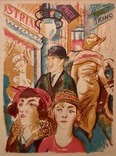 Antique Czech Street Scene, Kino, Couples Shopping Weimar Era 1929 Lithograph
