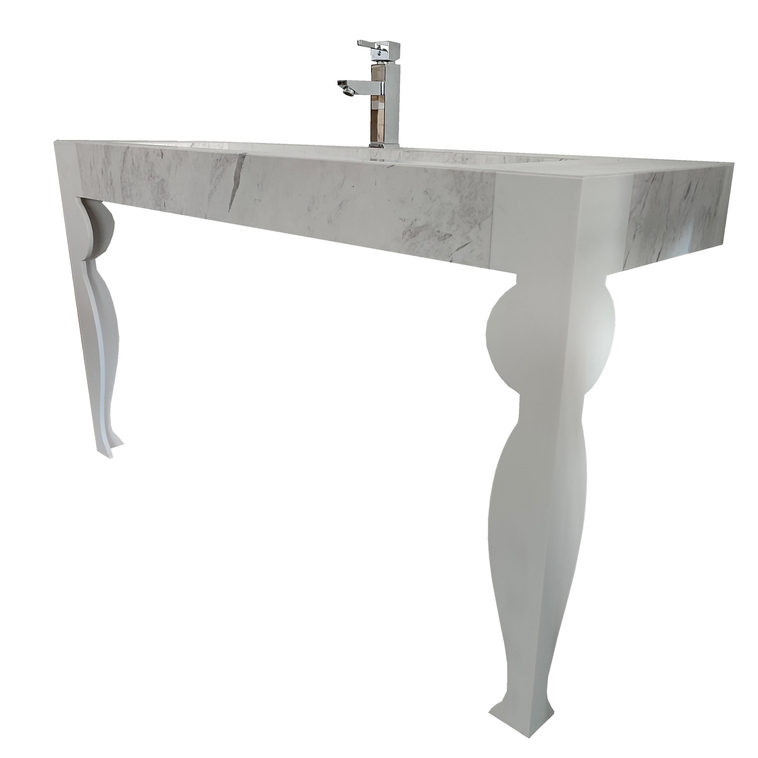 VOL Washbasin White Carrara Italian Marble & Krion Modern Design In Stock
VOL is a contemporary style bathroom vanity unit made of Italian white Carrara marble. The VOL washbasin has two front legs with scrolls on its front legs. At the back, the