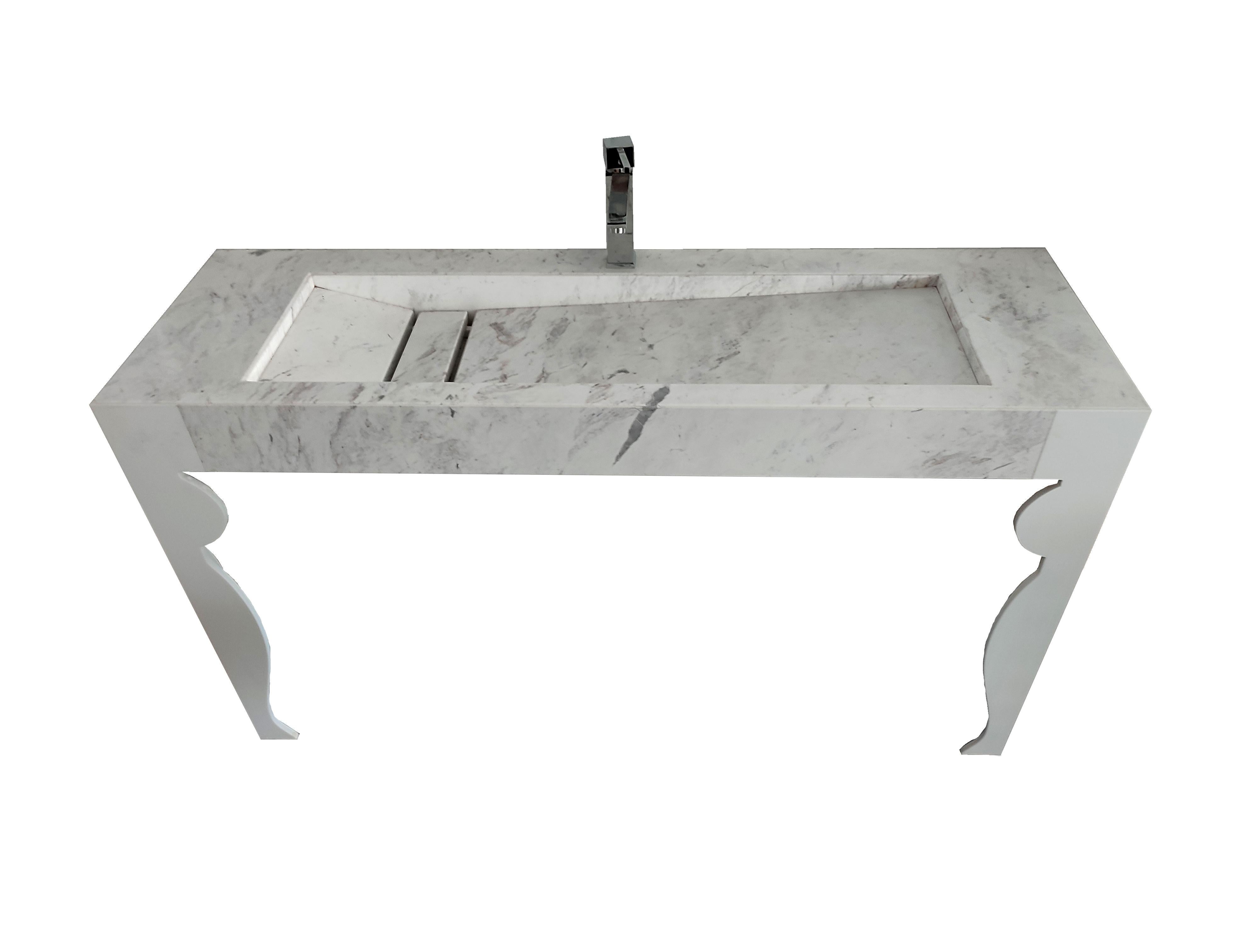 Contemporary VOL Washbasin White Carrara Italian Marble & Krion Modern Design In Stock For Sale