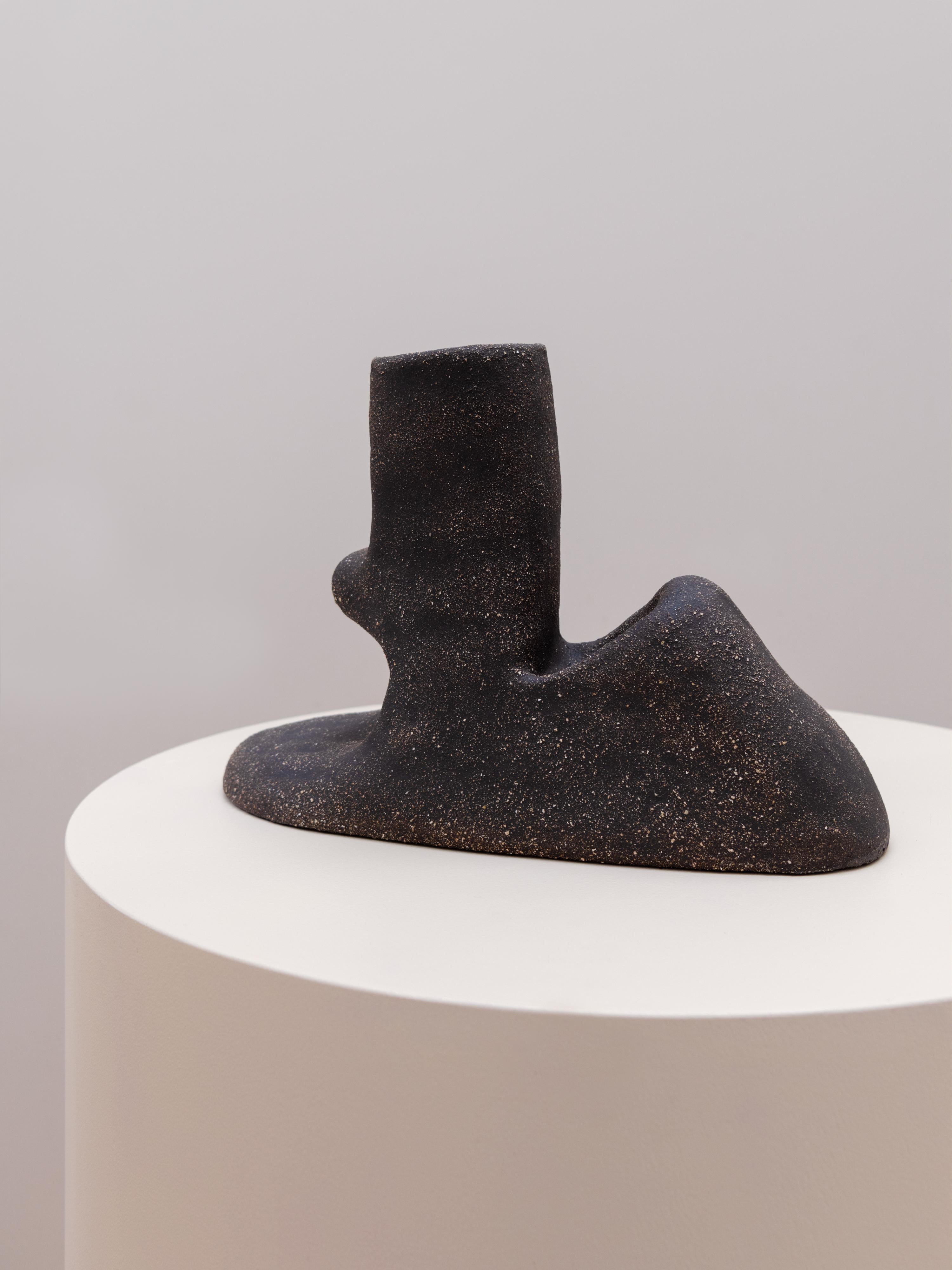 Volcan II-Vase von Sophie Parachey
Abmessungen: B 37 x T 27 x H 9,5 cm
MATERIALIEN: Schwarzes strukturiertes Steingut.

Inspiriert durch längere Aufenthalte in Mittelamerika hinterfragt Sophie Parachey in ihren Arbeiten die Transformation, den
