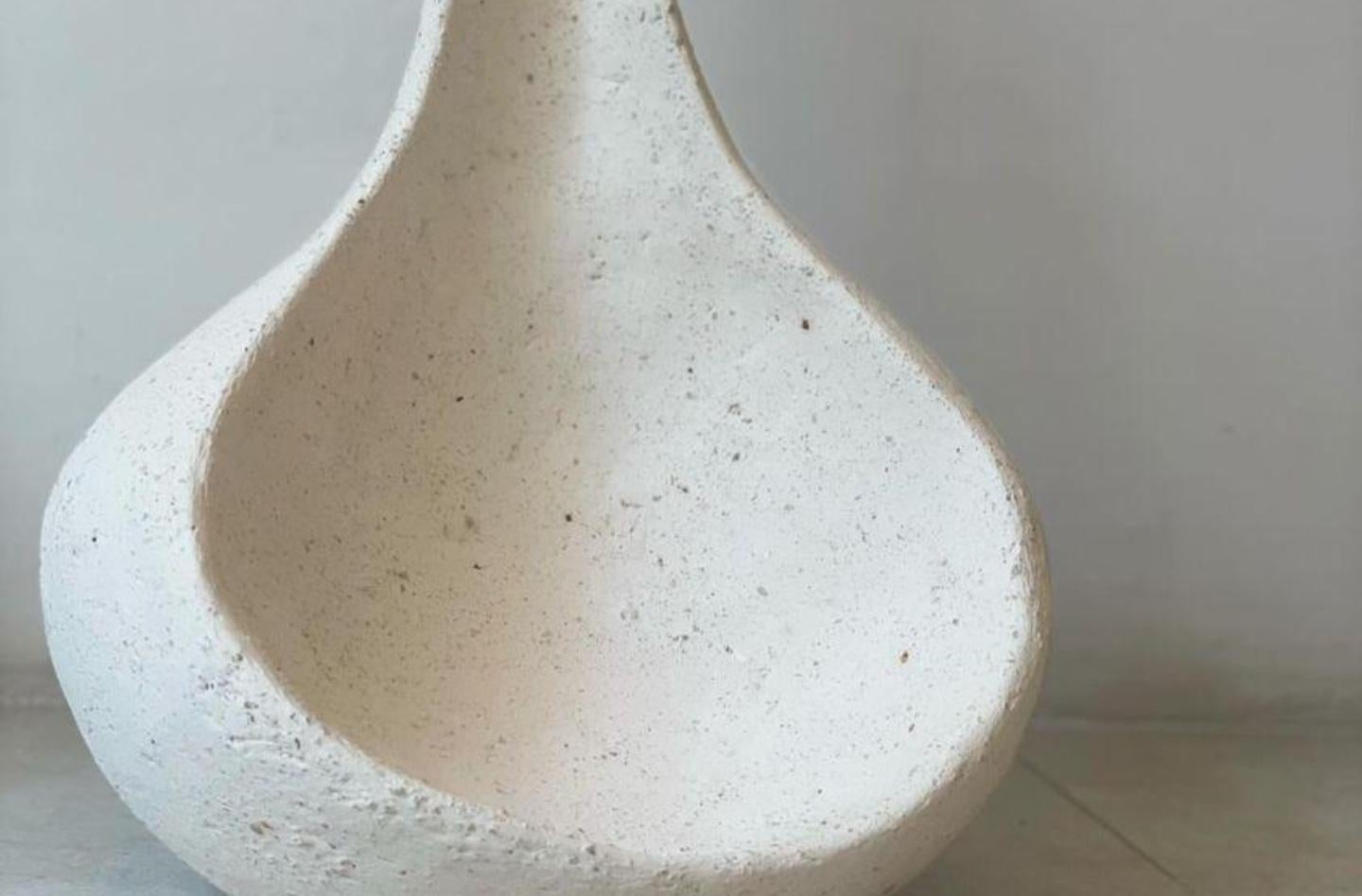 Hand-Carved Volcan White Ceramic Vessel, Vase, Sculpture by Airedelsur For Sale