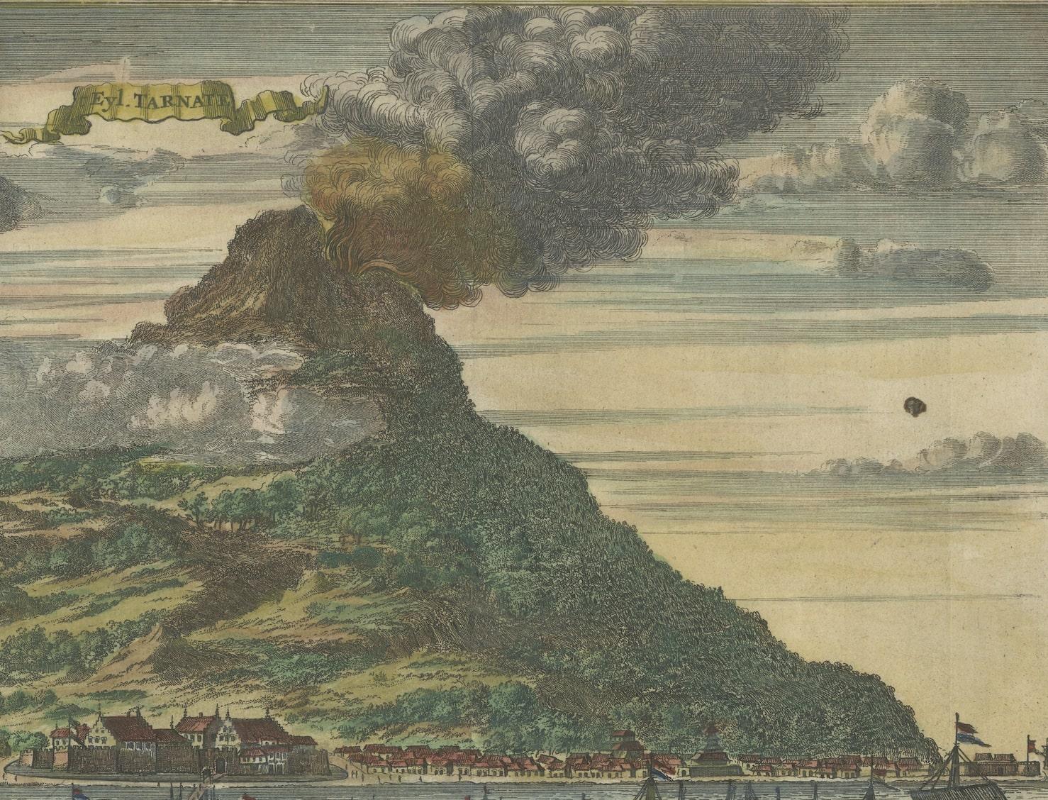 Johannes Kip's hand-colored antique engraving from 1682 depicts the volcanic island of Ternate, set within the captivating backdrop of the Dutch East Indies. This intricate artwork captures the volcanic landscape of Ternate, renowned for its natural