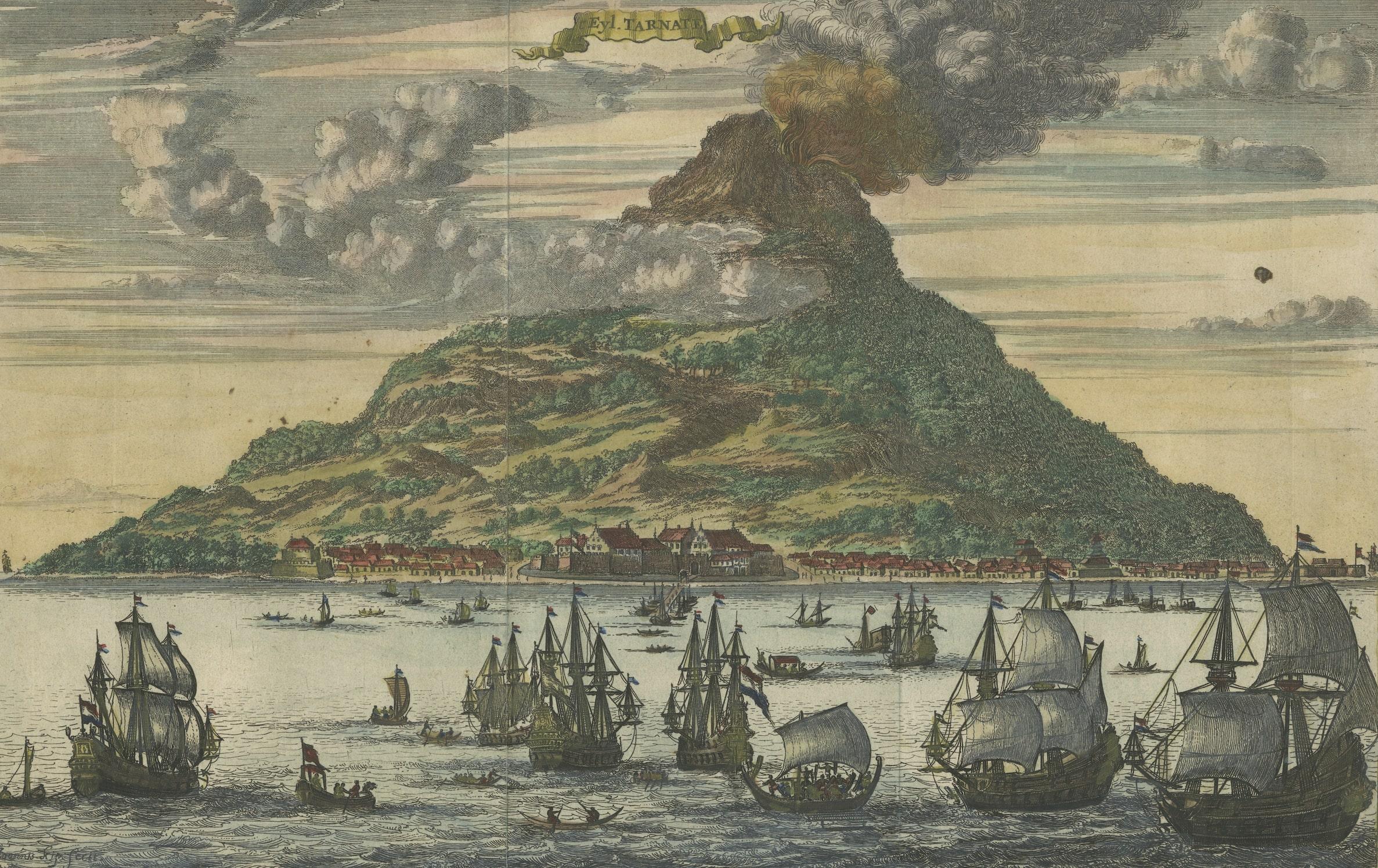 Engraved Volcanic Island of Ternate with VOC Ships in The Dutch East Indies, 1682
