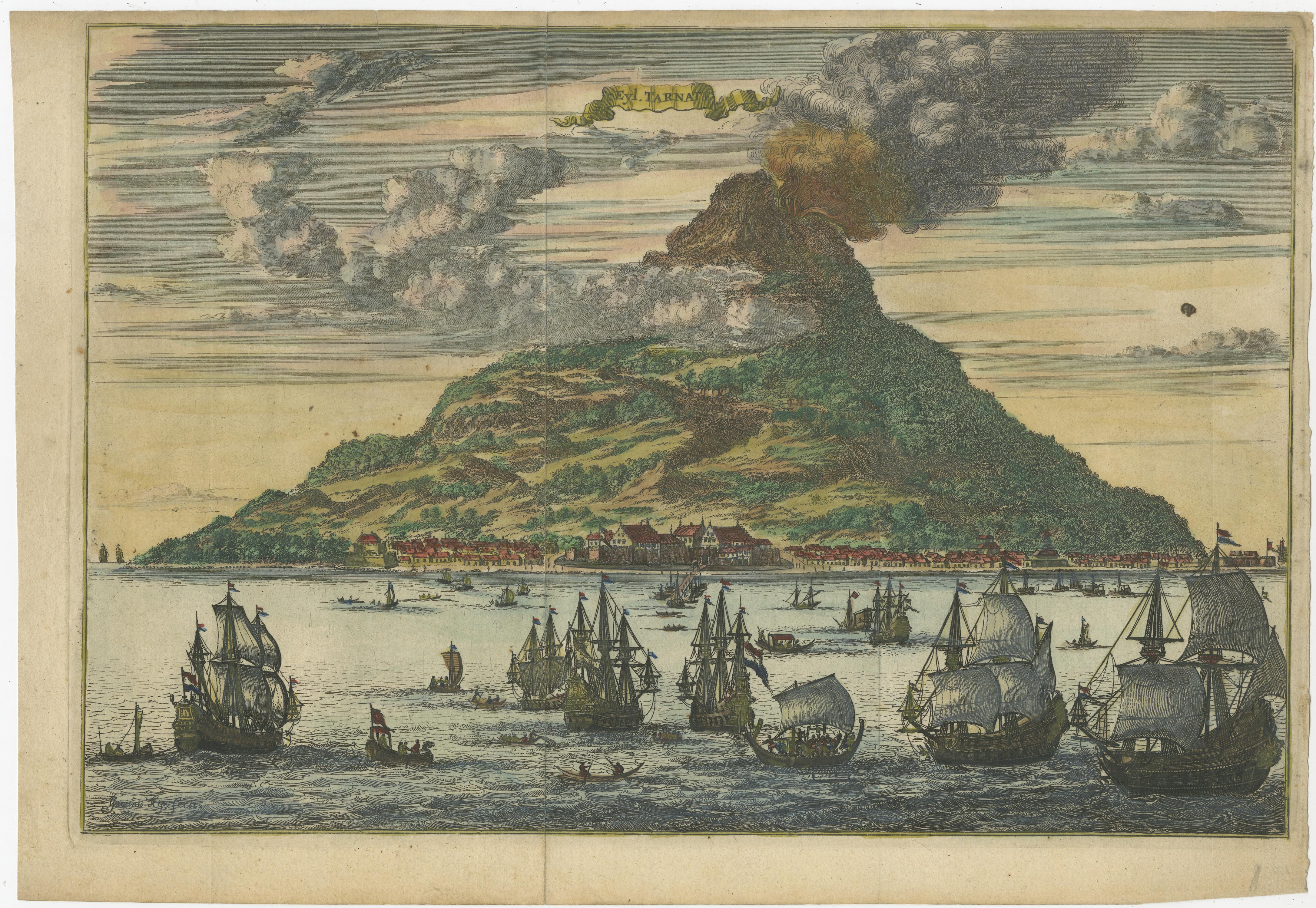 Late 17th Century Volcanic Island of Ternate with VOC Ships in The Dutch East Indies, 1682