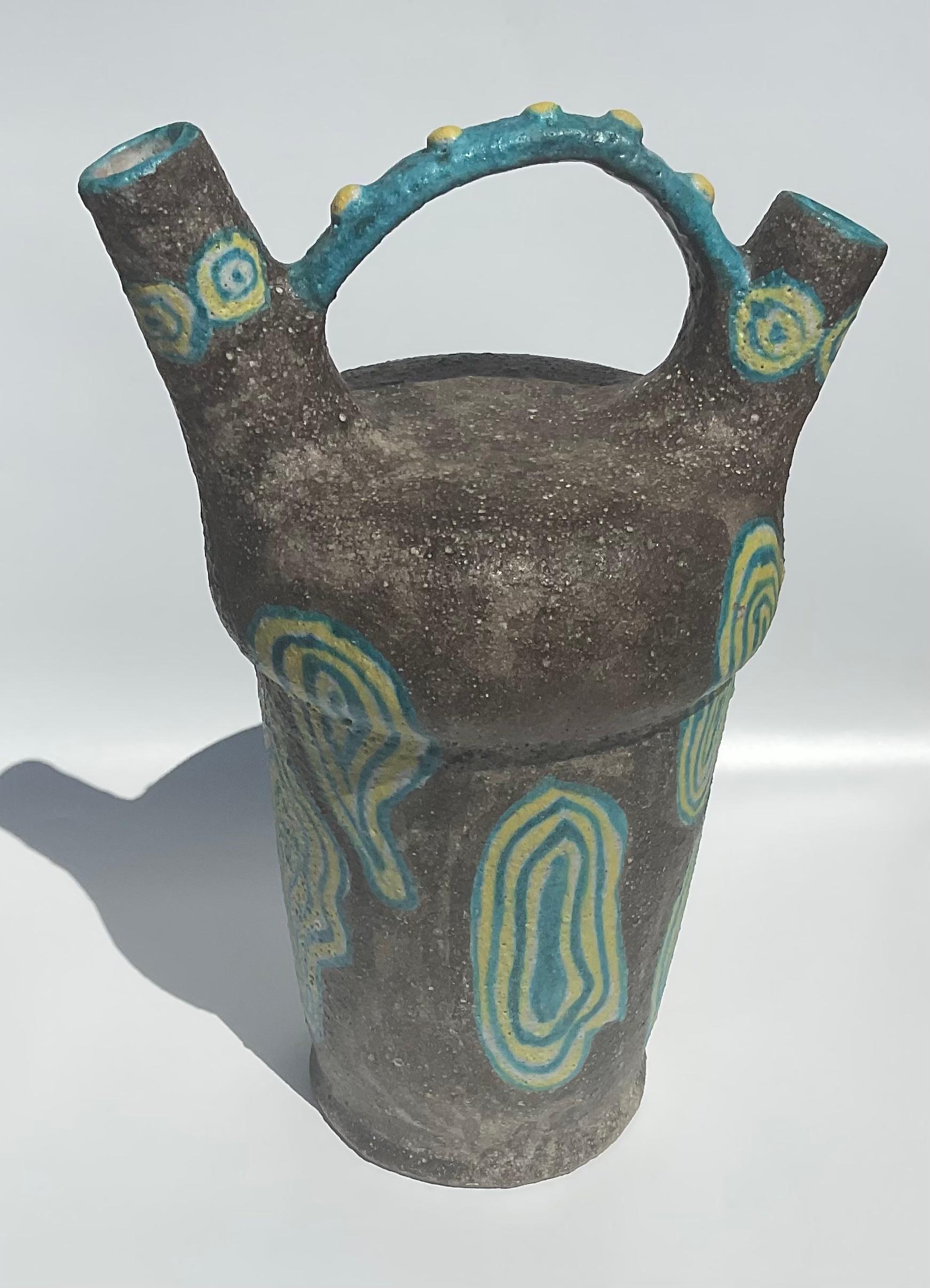 Volcanic Lava Glaze Mid-Century Modern Dual Spout Large Italian Pottery Vase In Good Condition For Sale In Ann Arbor, MI