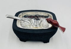 Volcanic Rock Serving Bowl With Silver-Plate & Jasper Bird by Emilia Castillo