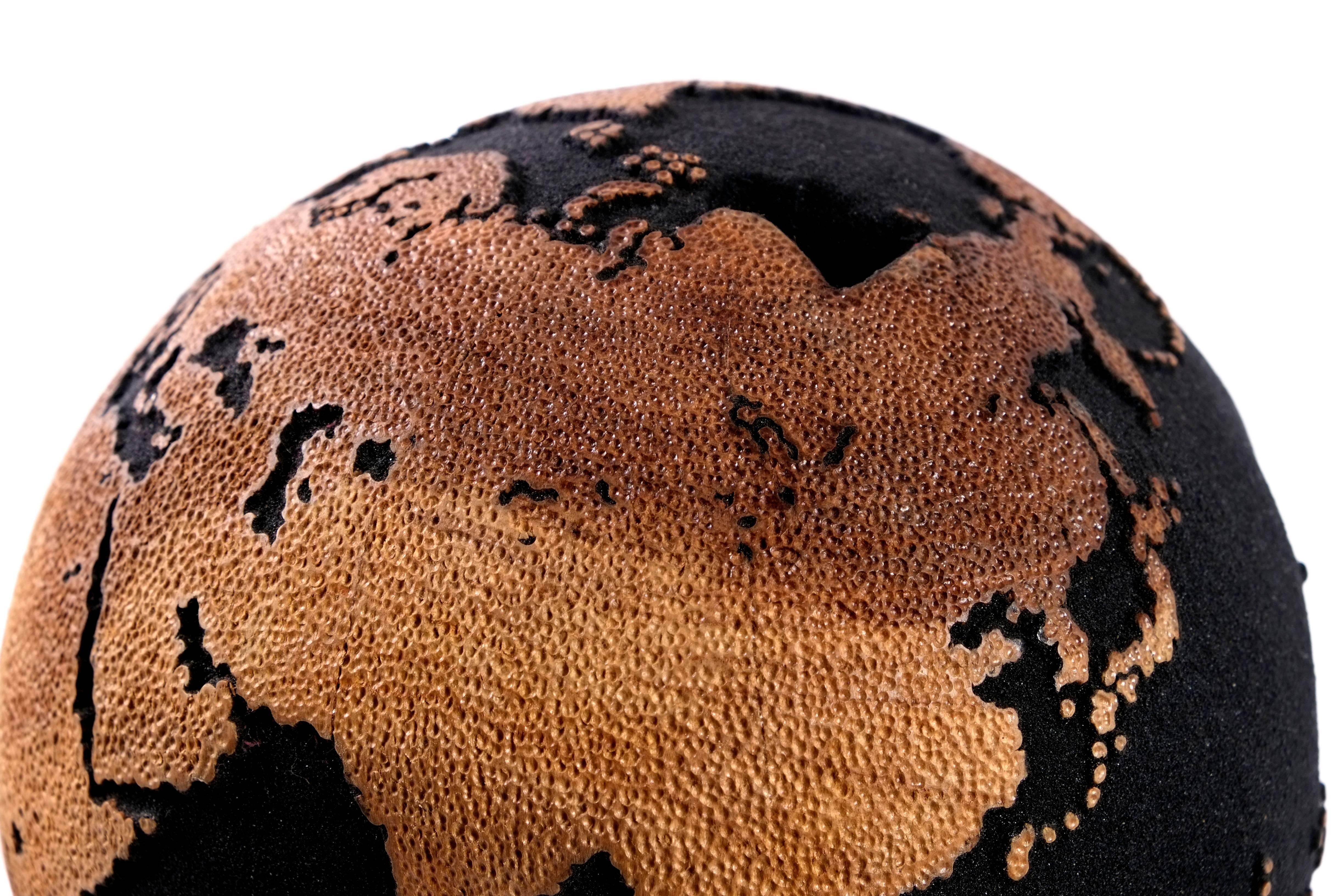 Balinese Volcanic Sand Globe with Hammered Skin Textured Continents, 25 cm, Saturday Sale For Sale