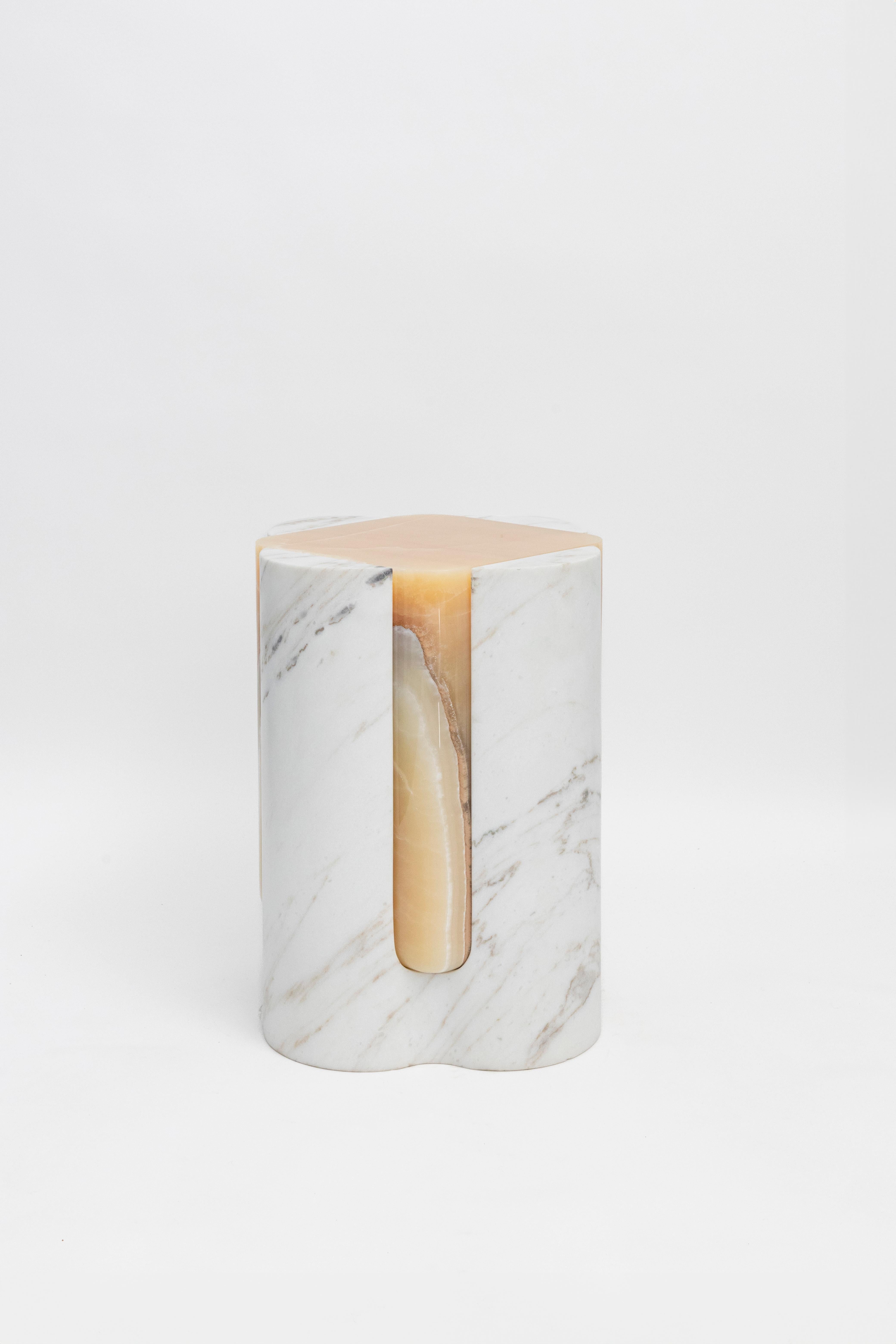 Materials:Golden Calacatta marble and pineapple onyx
Indoors and outdoors
Side table / Stool

While, in principle, marble bears not a volcanic origin, the veiny, fine-grained Yule marble employed for this variation of Sten Studio’s distinctive