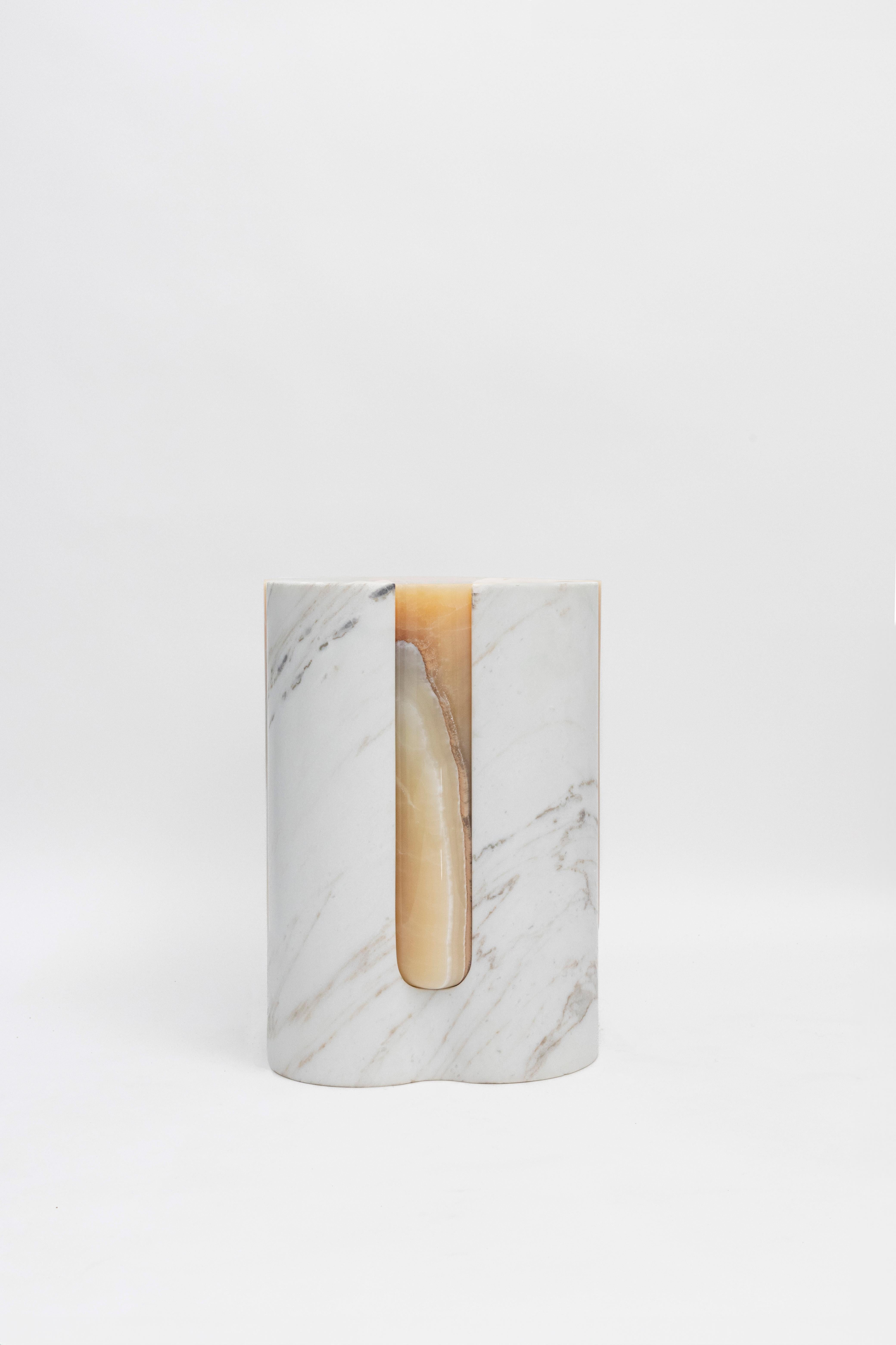 Hand-Crafted Volcanic Shades of marble II - Sten Studio - Golden calacatta and pineapple onyx For Sale