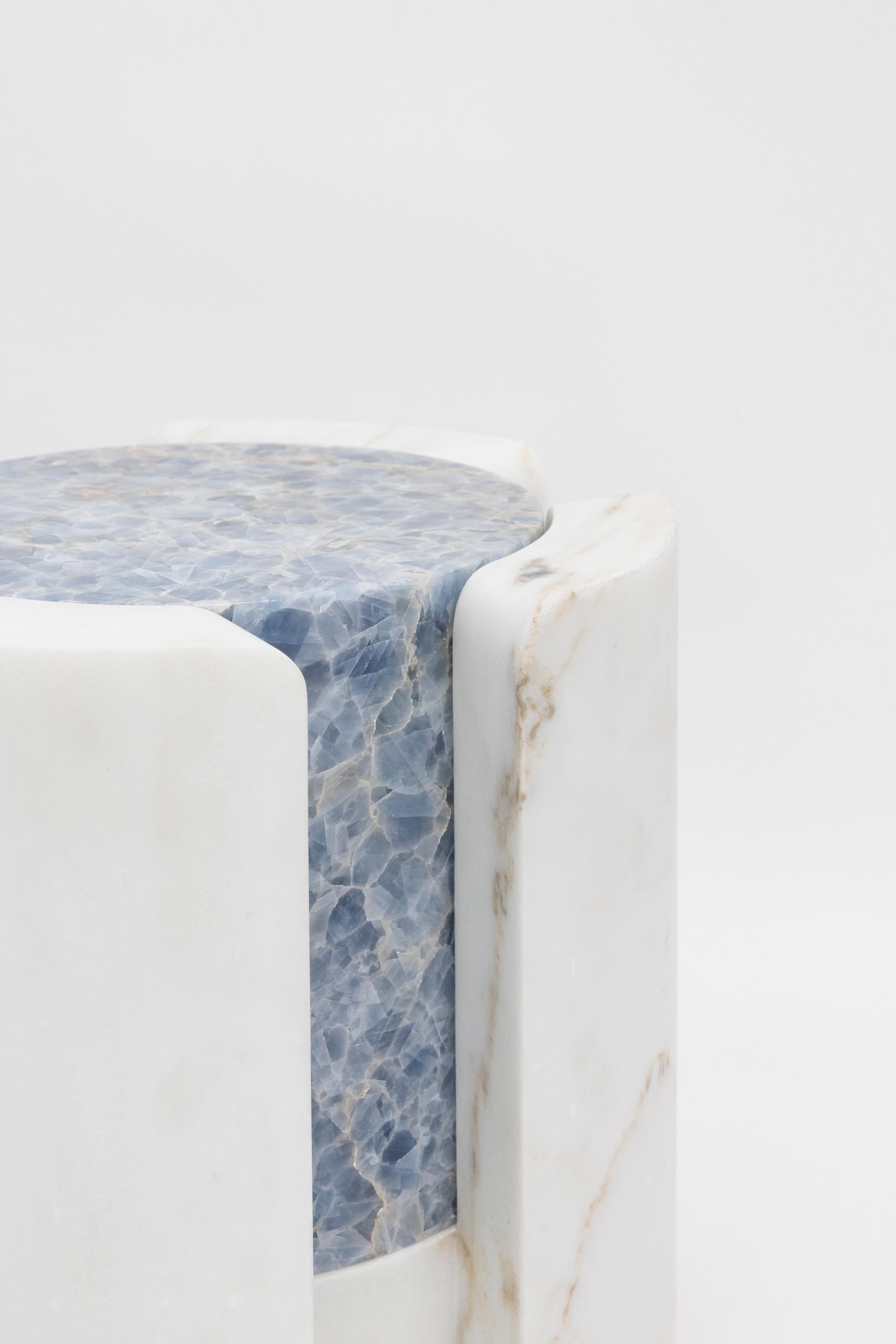 Hand-Crafted Volcanic Shades of marble III - Sten Studio - Golden calacatta and blue calcite For Sale
