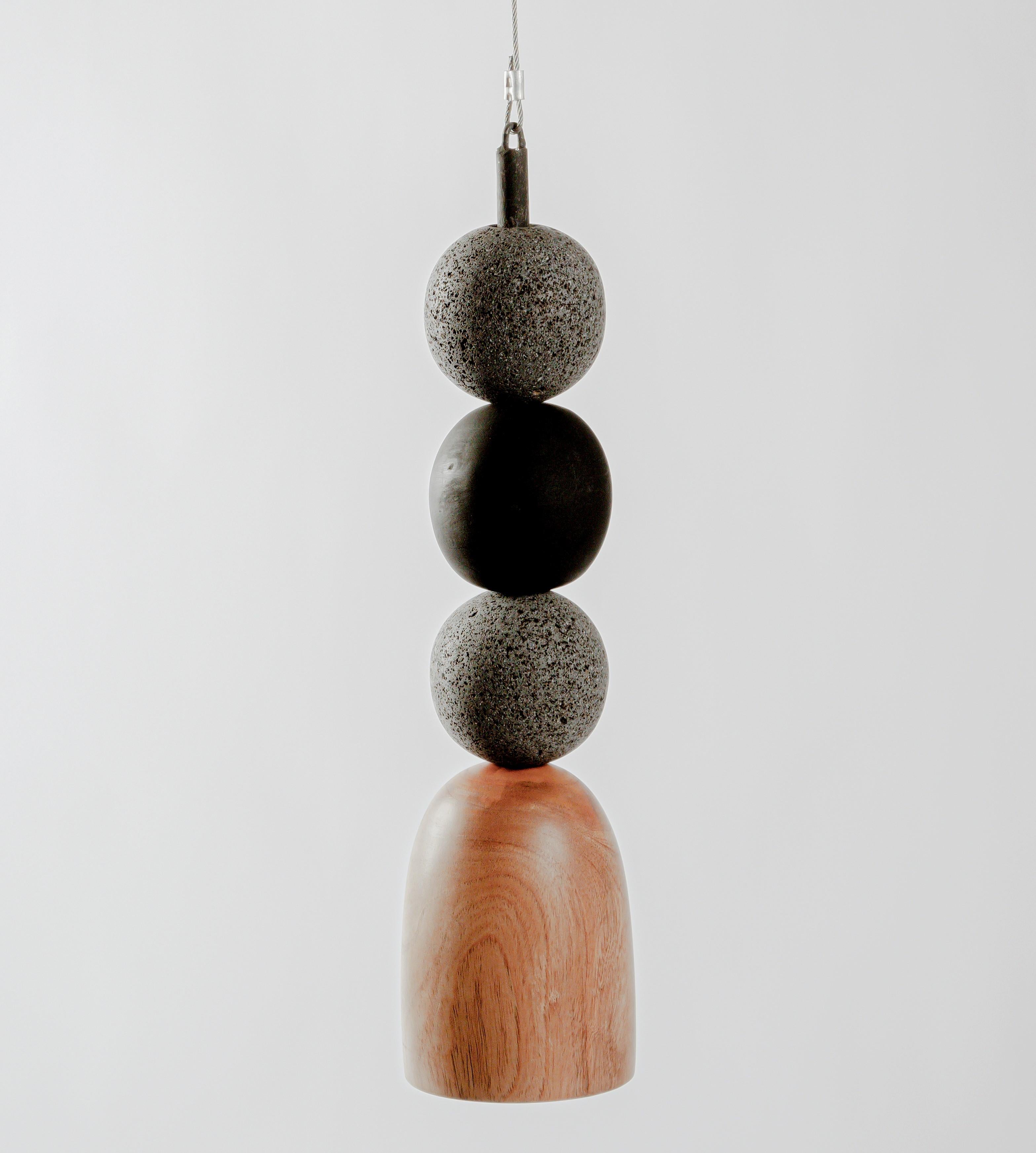 Post-Modern Volcanic Stone and Burned Wooden Spheres Pendant Lamp by Daniel Orozco For Sale