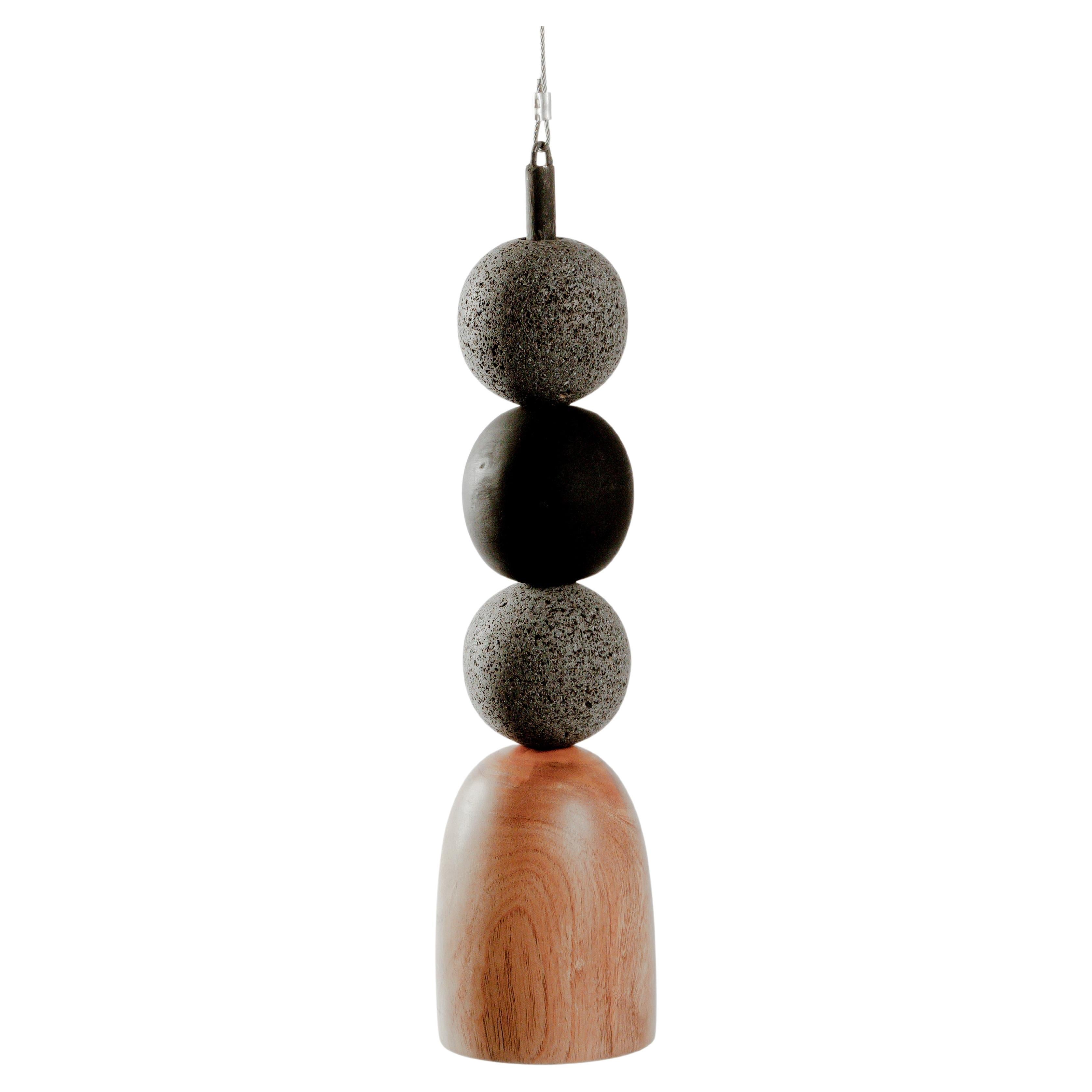 Volcanic Stone and Burned Wooden Spheres Pendant Lamp by Daniel Orozco For Sale