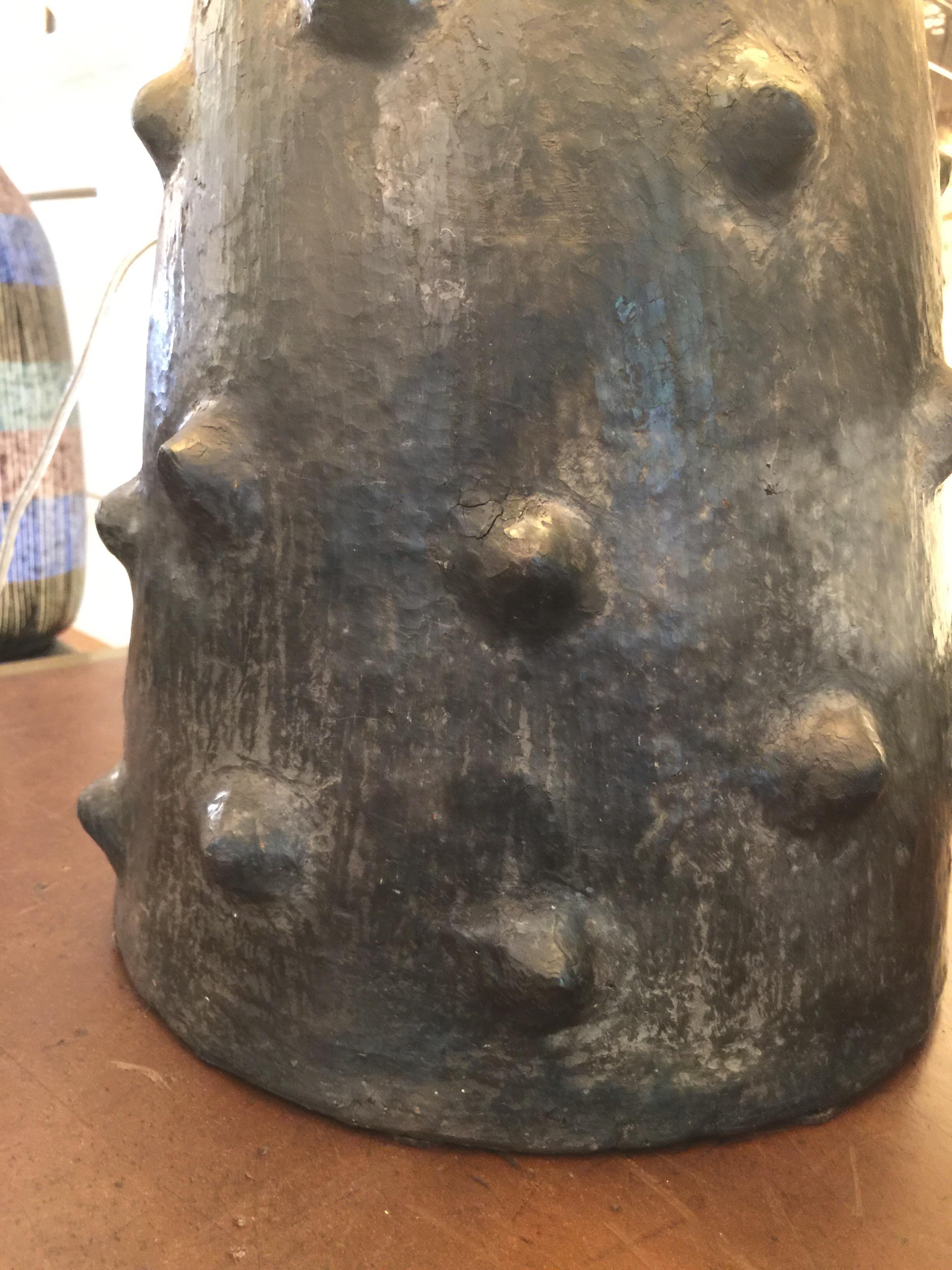 African Volcanic Terracotta Handcrafted Lamp with Custom Oversized Palm Shade