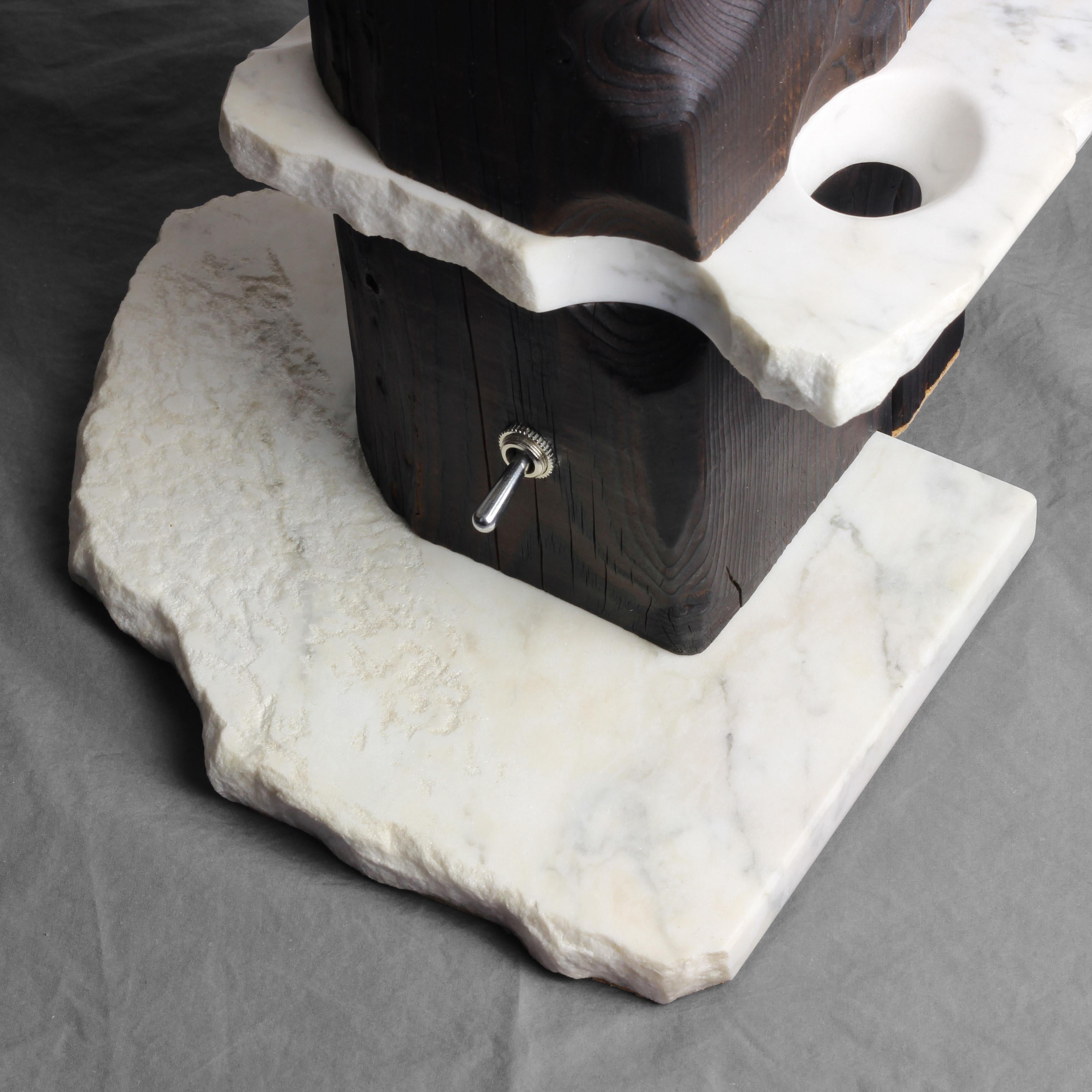 Volcano - Sculptured Lighting, Table Lamp from Reclaimed Burned Wood and Marble For Sale 2