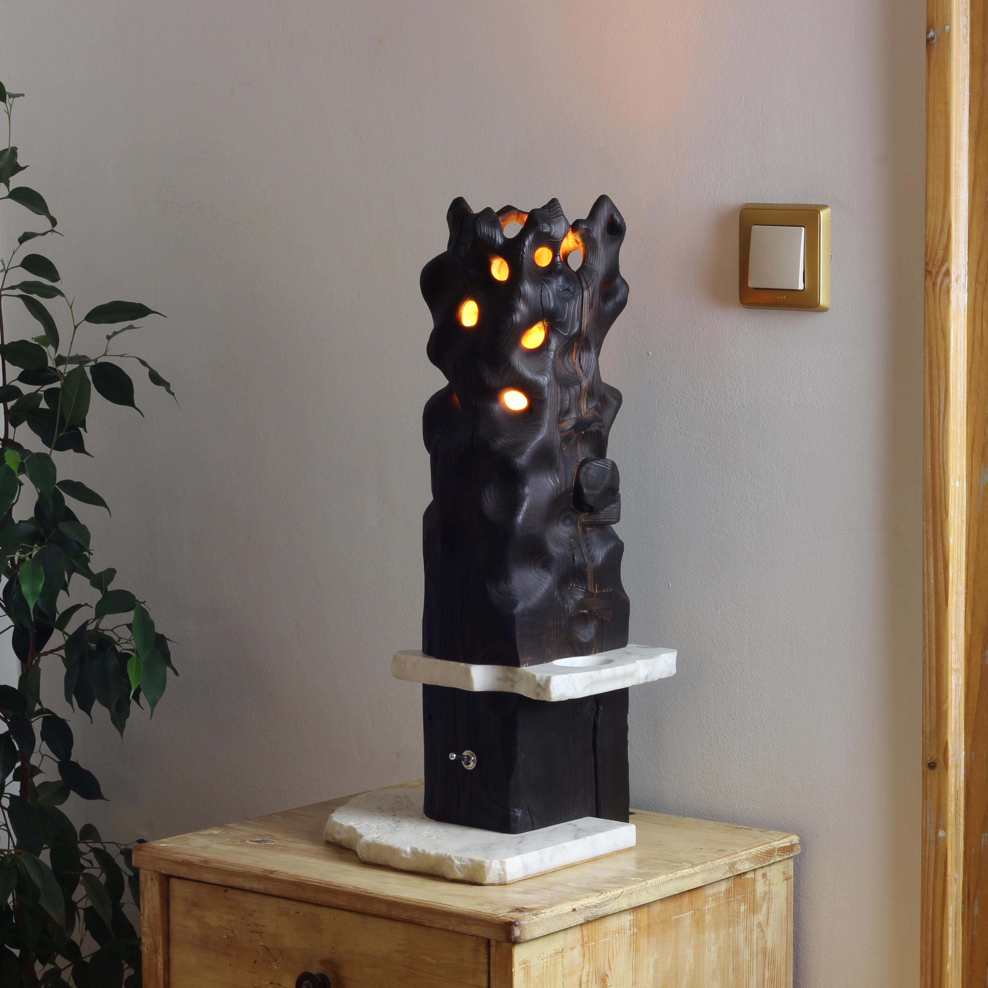 Volcano - Sculptured Lighting, Table Lamp from Reclaimed Burned Wood and Marble For Sale 3