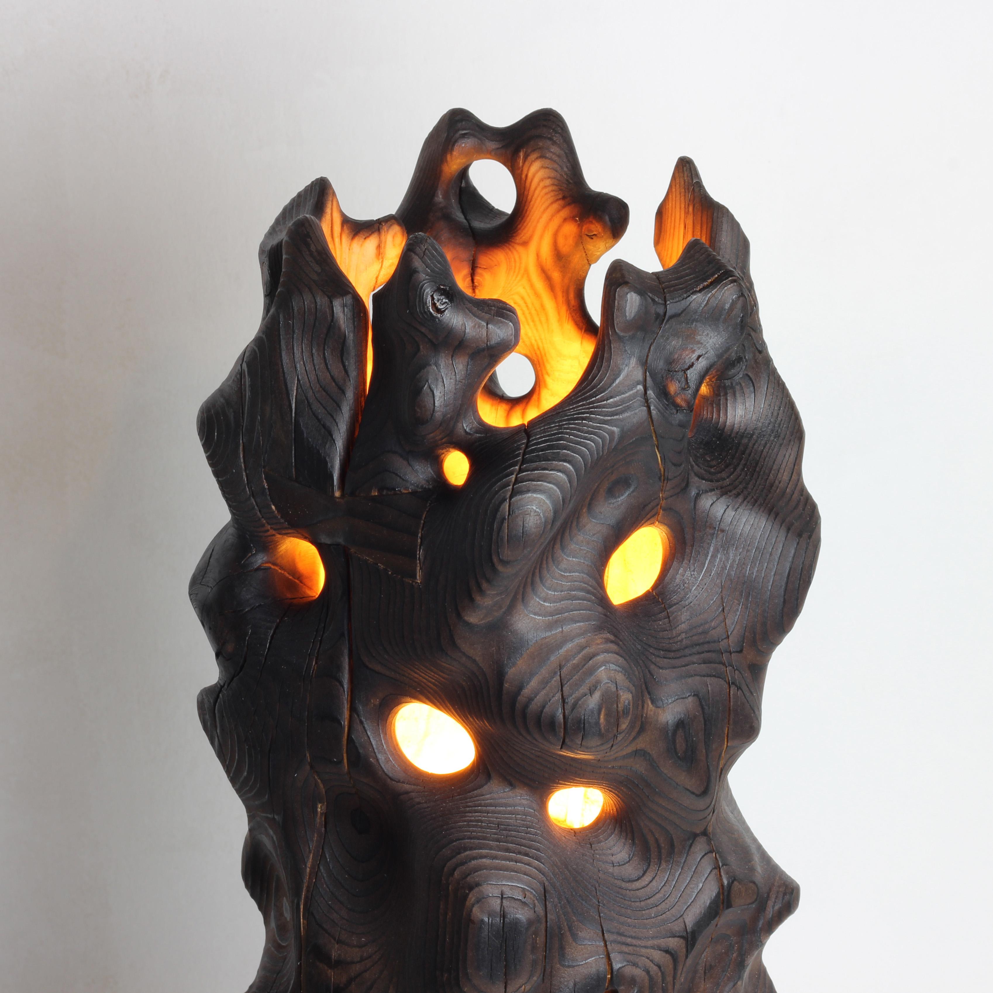 Organic Modern Volcano - Sculptured Lighting, Table Lamp from Reclaimed Burned Wood and Marble For Sale