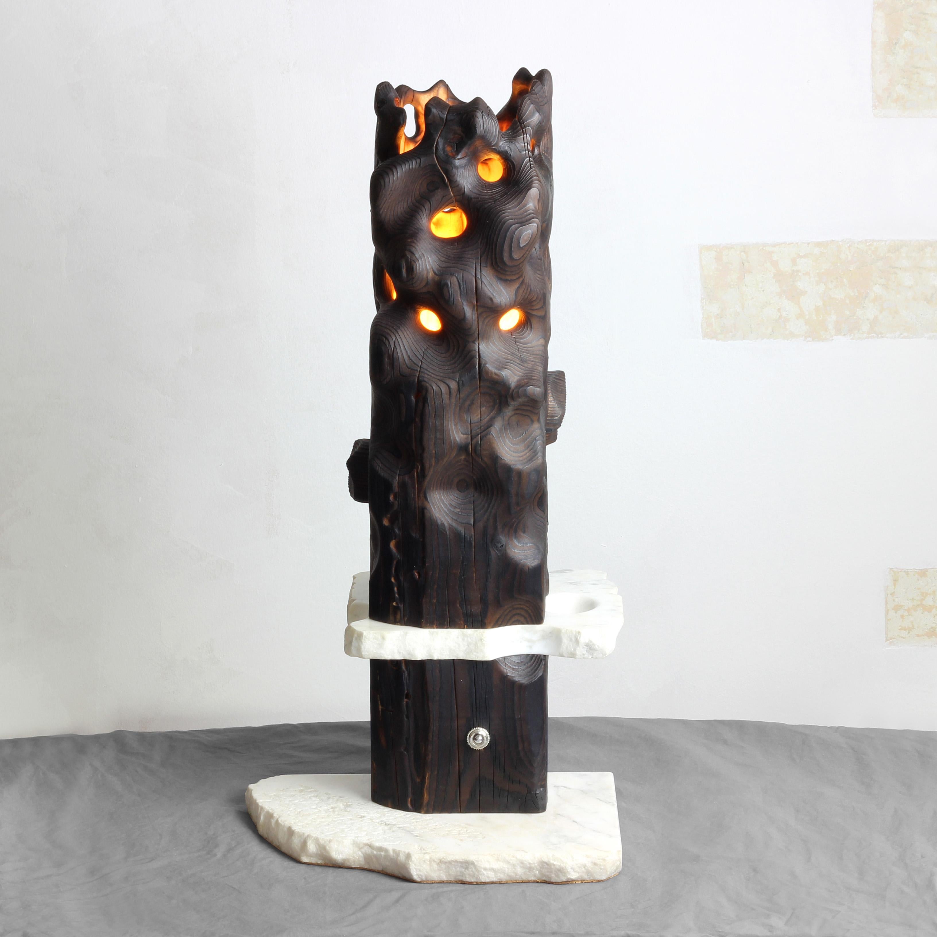 Volcano - Sculptured Lighting, Table Lamp from Reclaimed Burned Wood and Marble In New Condition For Sale In Budapest, HU