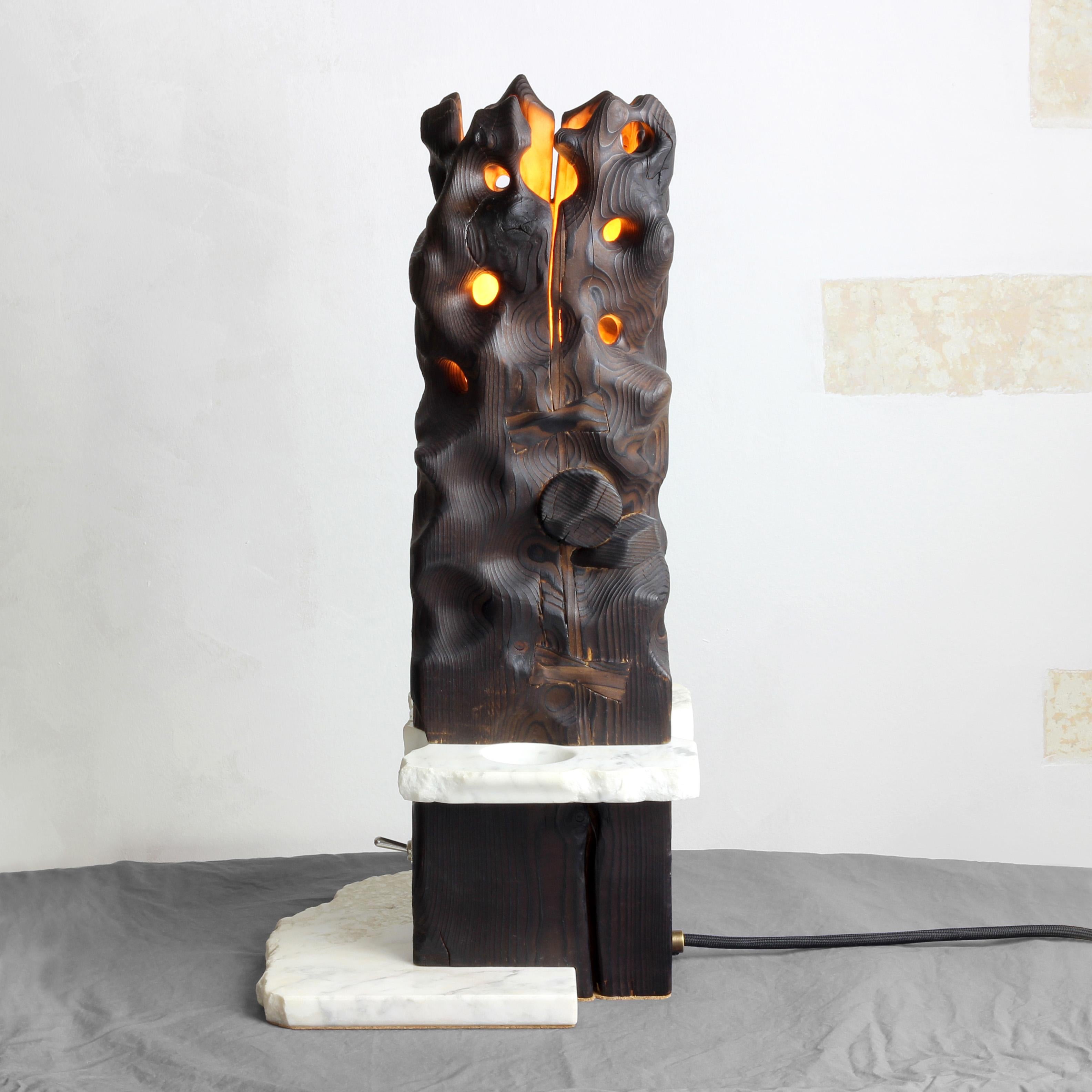 Contemporary Volcano - Sculptured Lighting, Table Lamp from Reclaimed Burned Wood and Marble For Sale